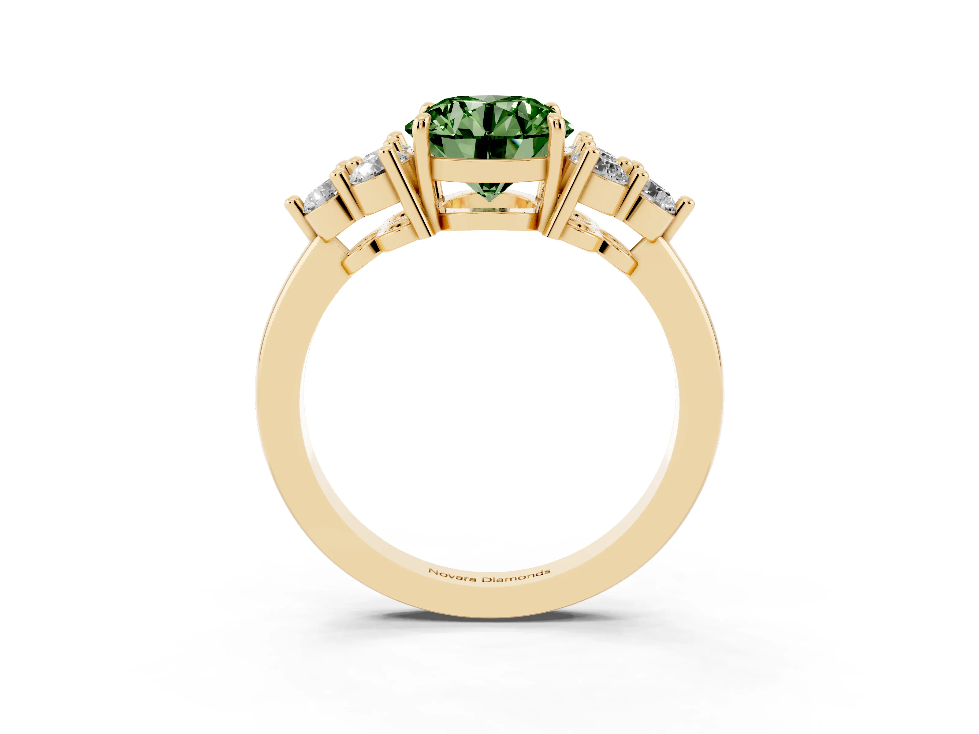 Fancy Green Round Cut Diamond Solitaire Ring Set in Yellow gold with Cluster Accents on Each Side