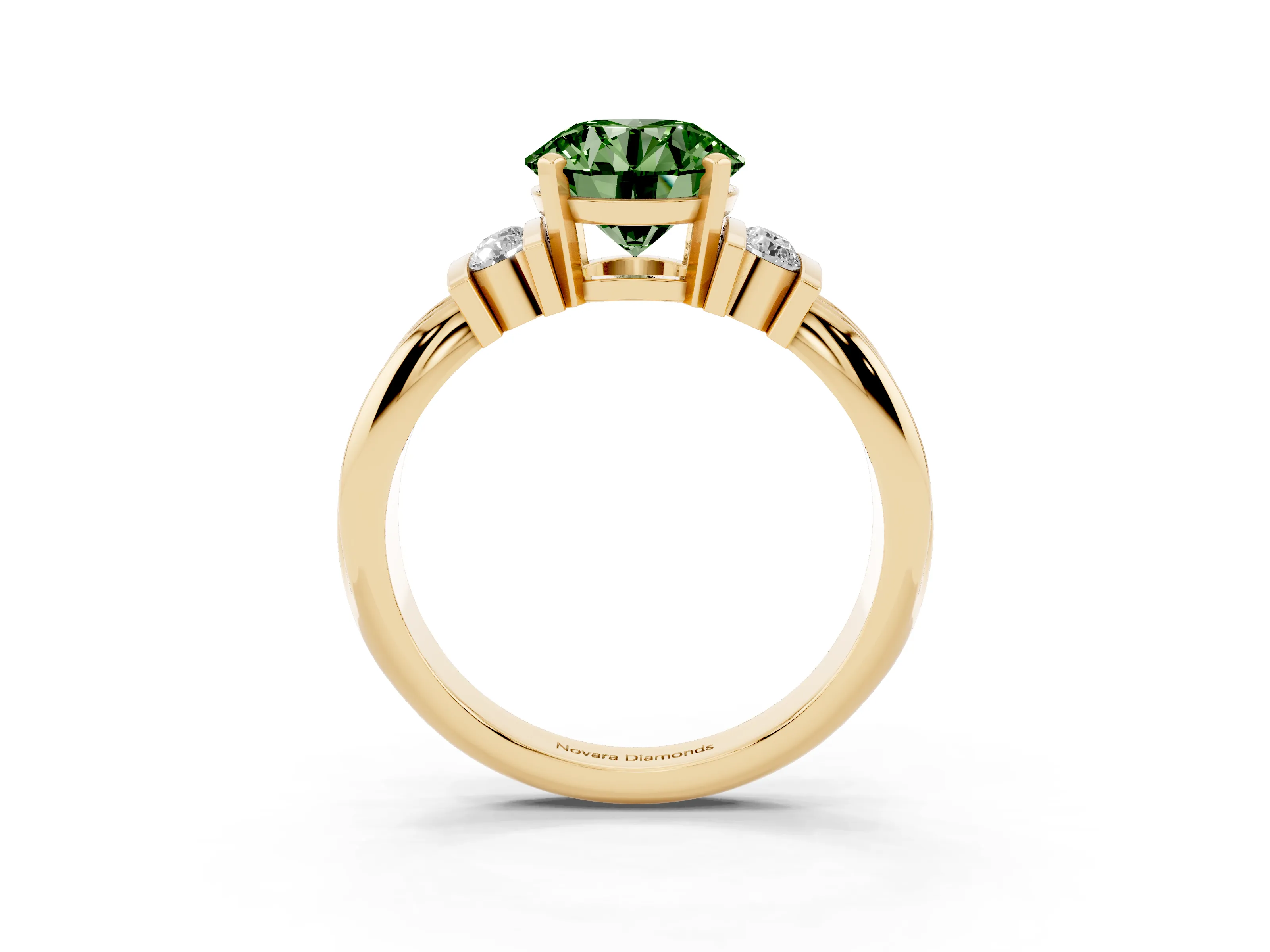 Fancy Green Three-Stone Round Cut Diamond Channel Set Ring Set in Yellow gold with Bar Prongs