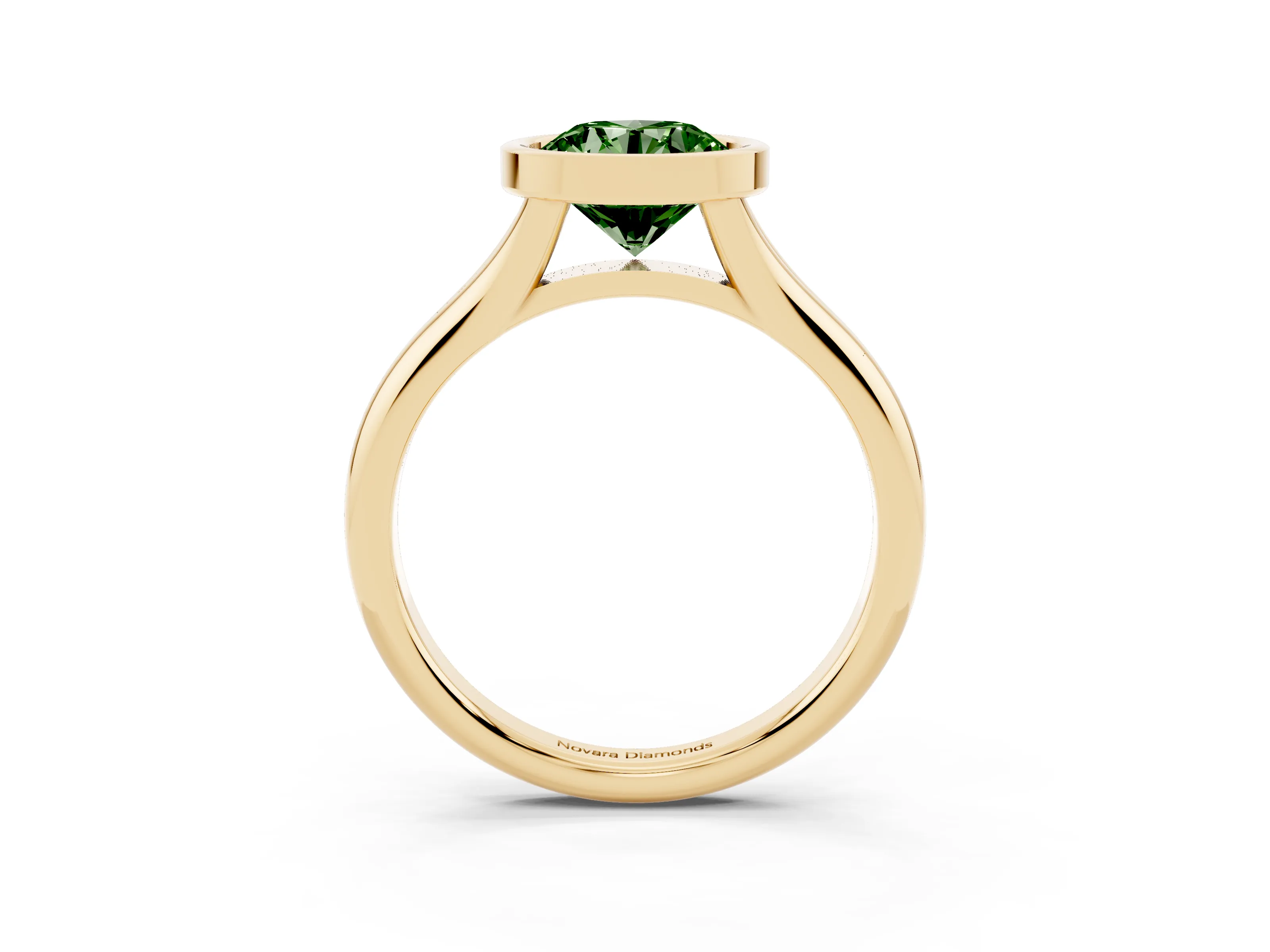 Fancy Green Bezel Set Round Cut Diamond Solitaire Ring Set in Yellow gold with Smooth Band