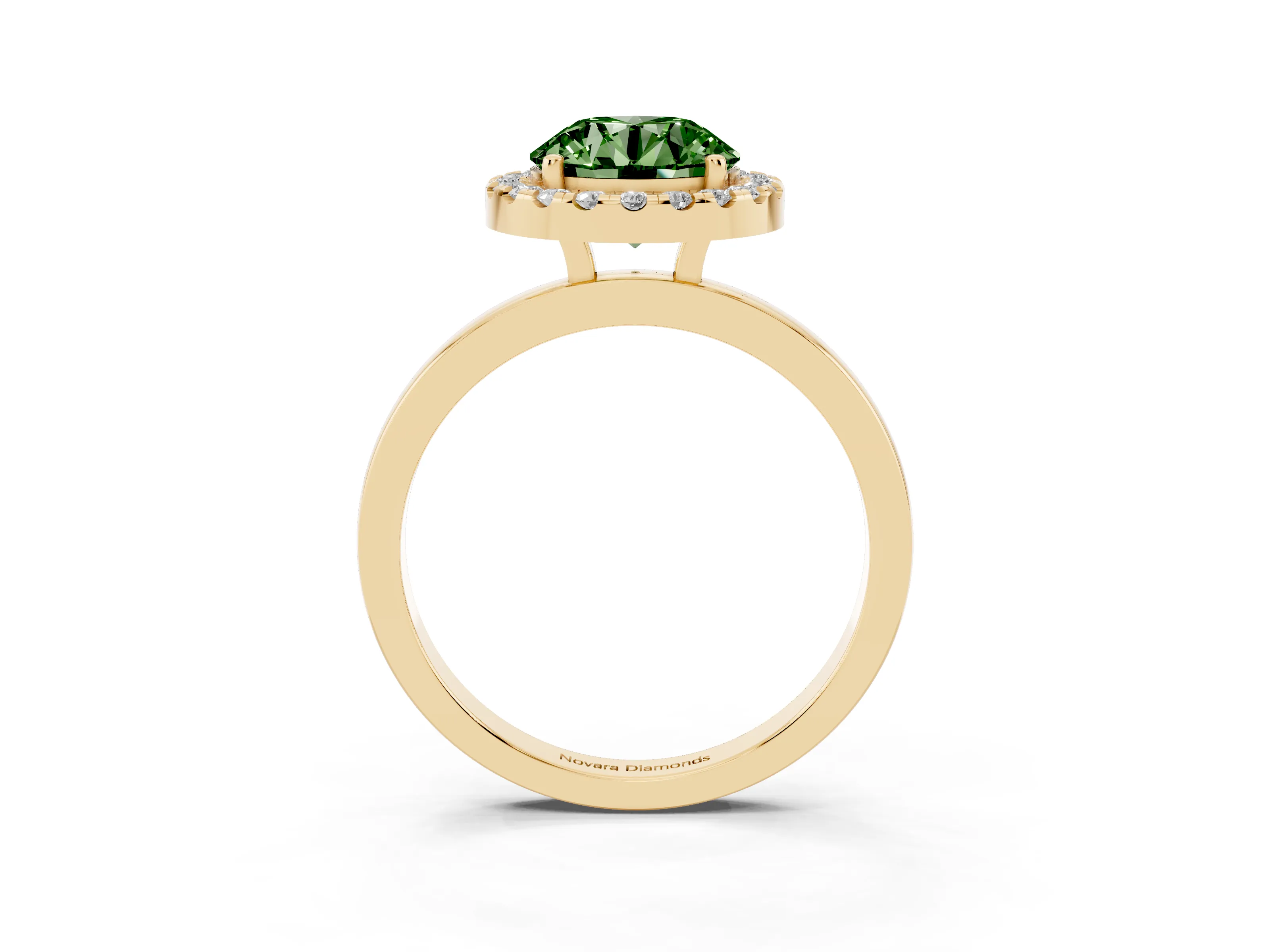 Fancy Green Round Cut Diamond Halo Solitaire Ring Set in Yellow gold with Pavé Band and Prong Setting