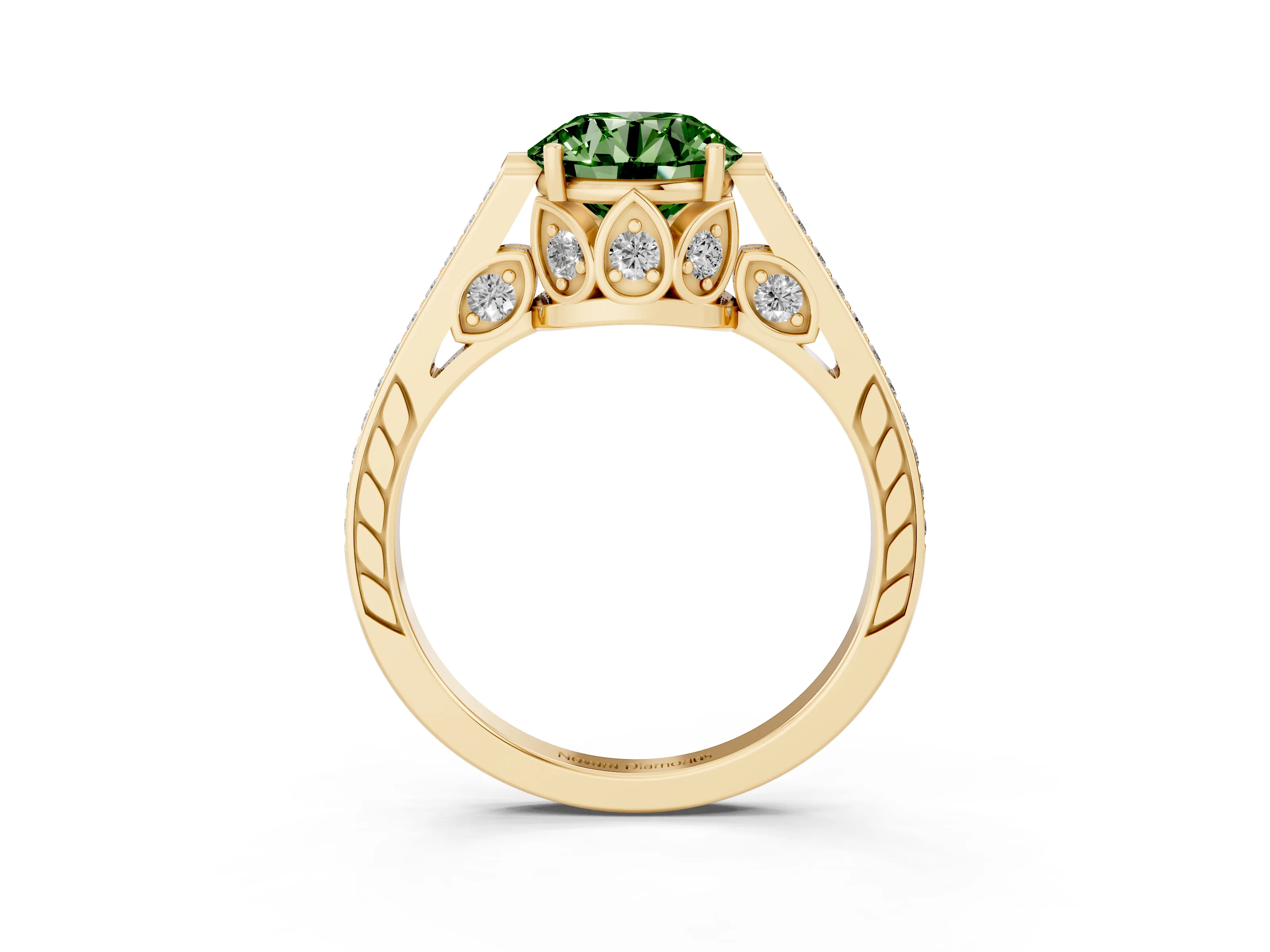 Fancy Green Round Cut Diamond Cathedral Pavé Engagement Ring Set in Yellow gold with Prong Setting