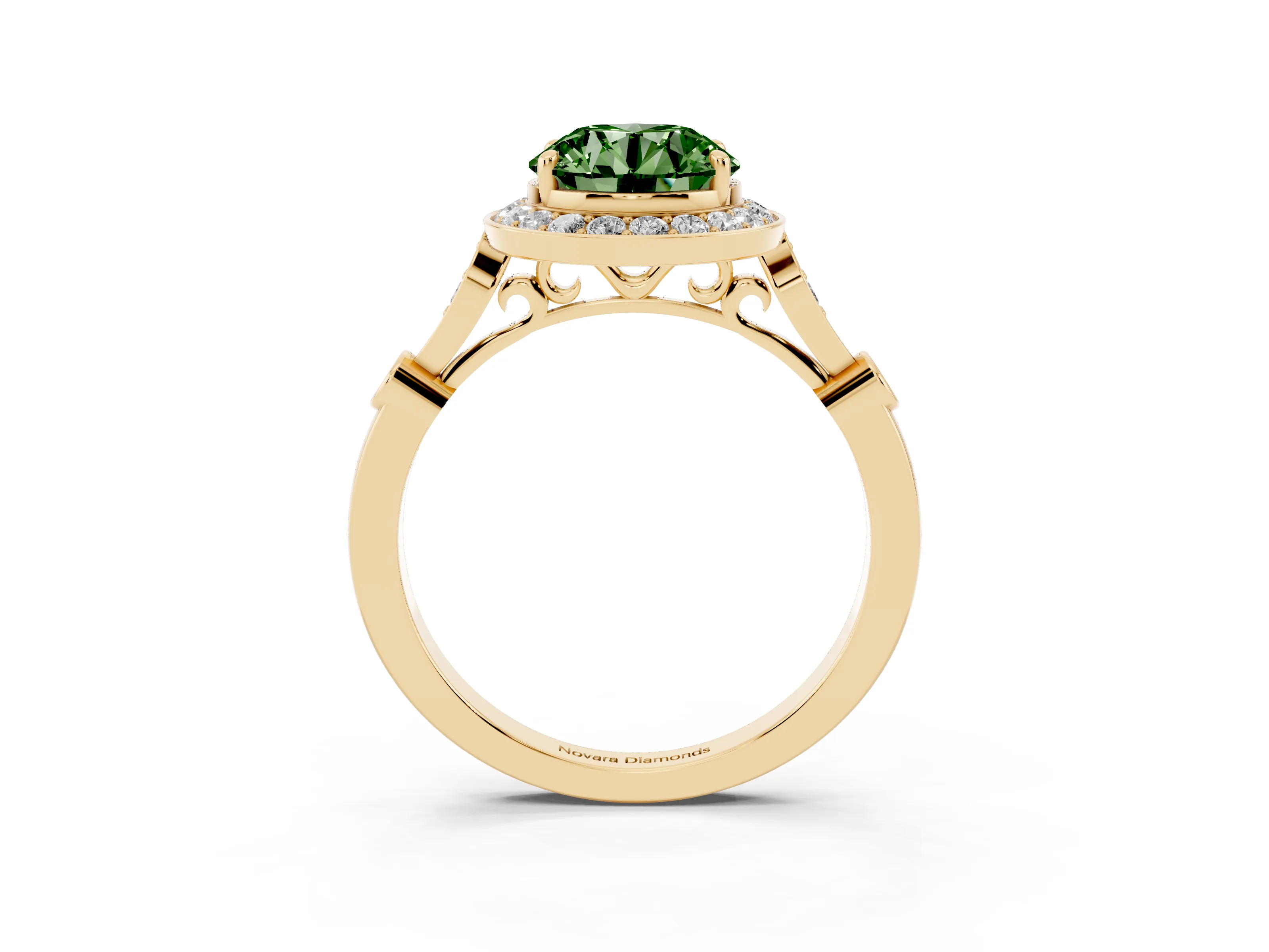 Fancy Green Round Cut Diamond Halo Engagement Ring Set in Yellow gold with Twisted Band and Prong Setting
