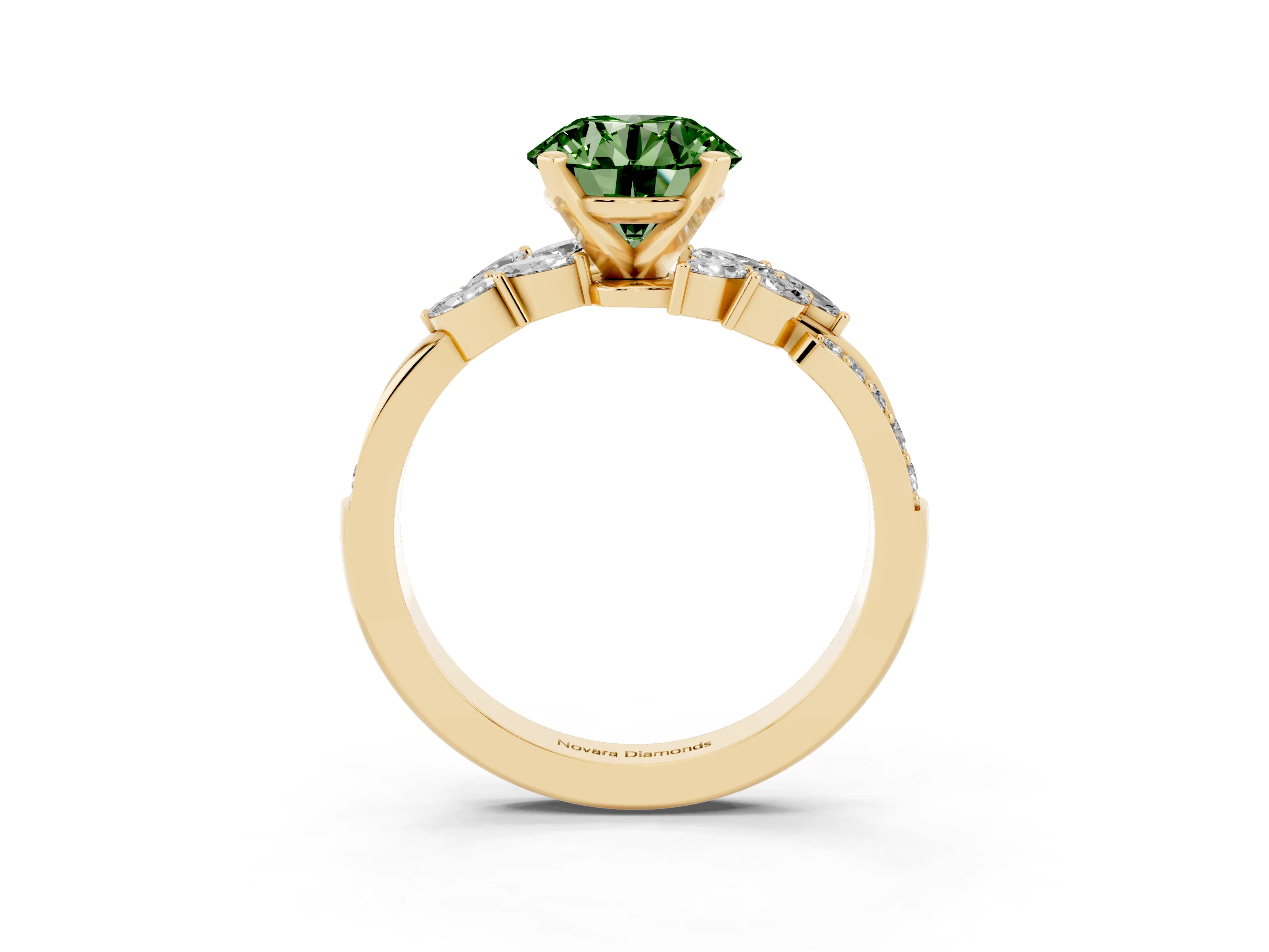 Fancy Green Round Cut Diamond Solitaire Ring Set in Yellow gold with Marquise Twist Band and Prong Setting