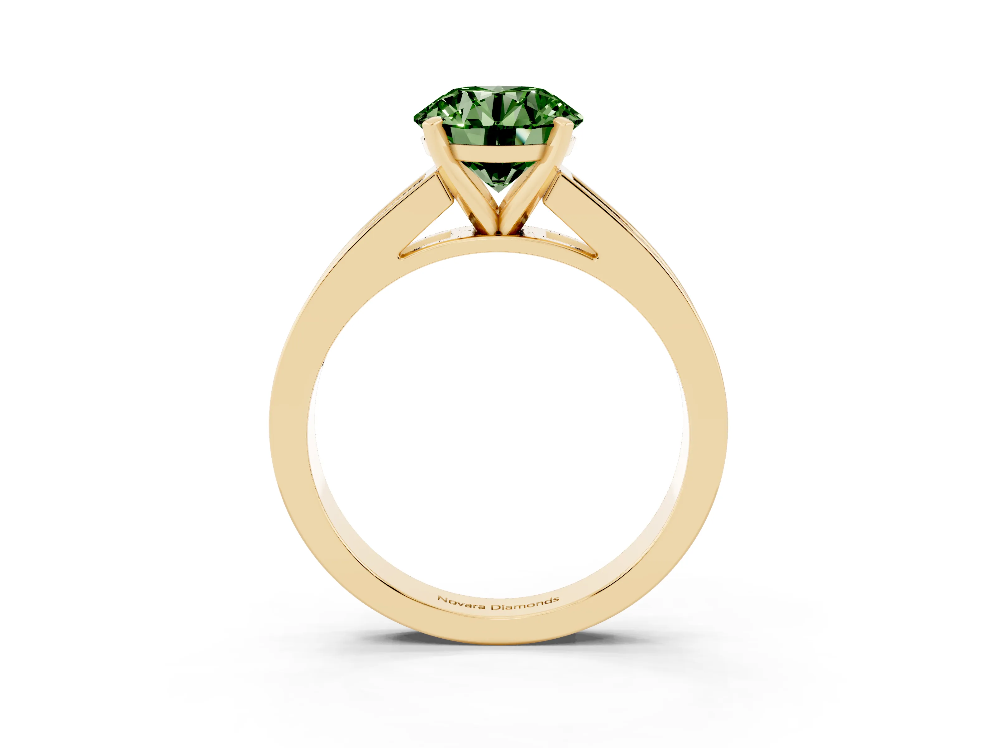 Fancy Green Round Cut Diamond Solitaire Ring Set in Yellow gold with Channel-Set Band and Prong Setting