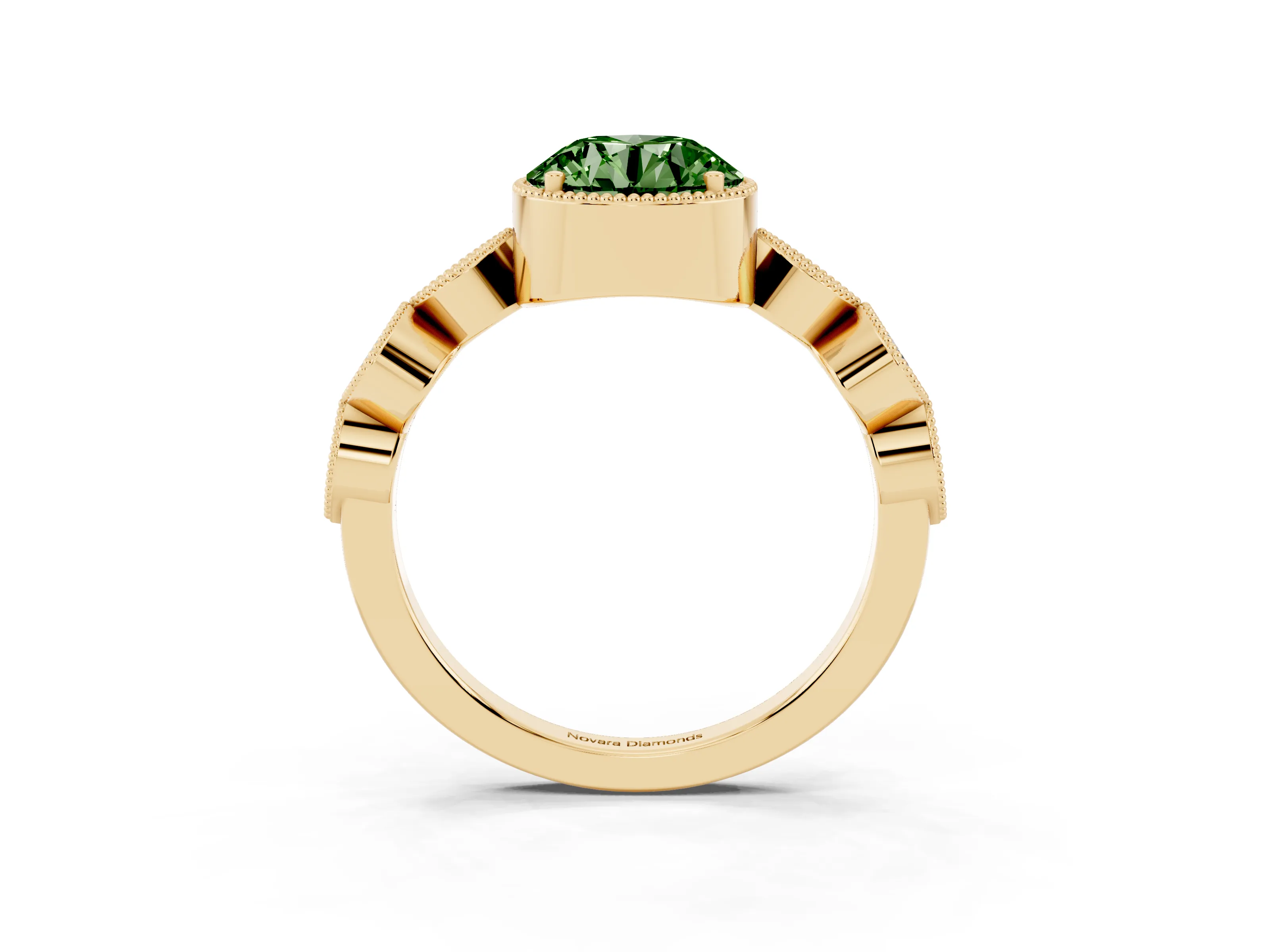 Fancy Green Round Cut Diamond Vintage-Inspired Milgrain Ring Set in Yellow gold with Marquise Stations of Round Accents