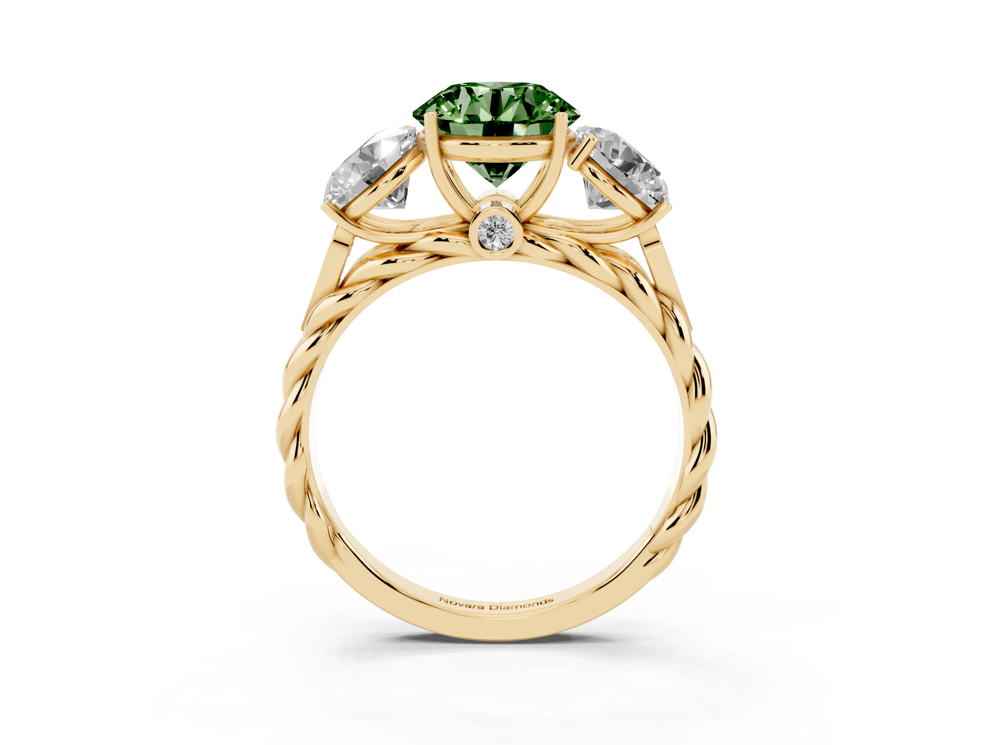 Fancy Green Round Cut Diamond Three-Stone Ring Set in Yellow gold with Braided Band