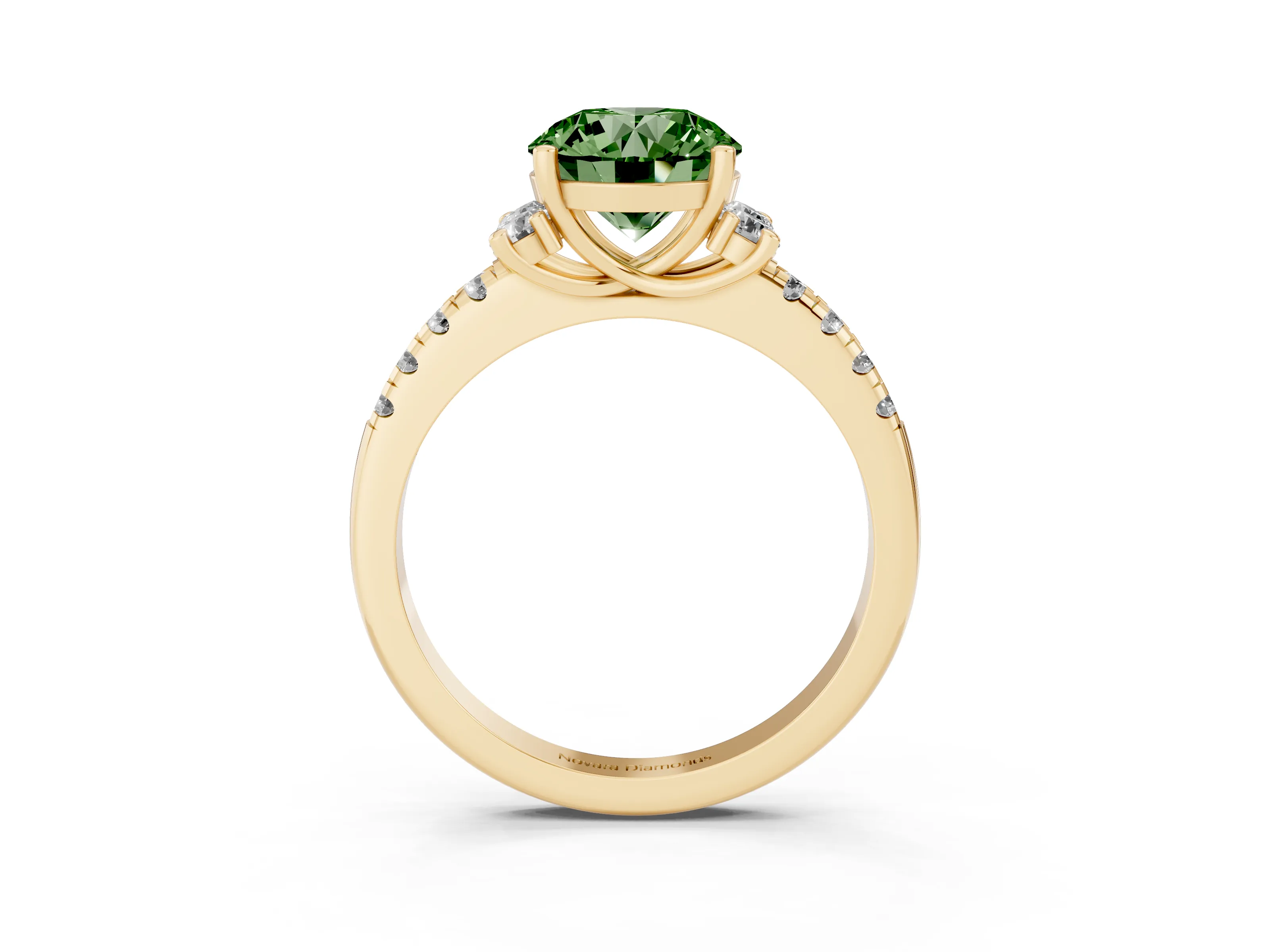 Fancy Green Round Cut Diamond Three-Stone Pavé Ring Set in Yellow gold with Prong Setting