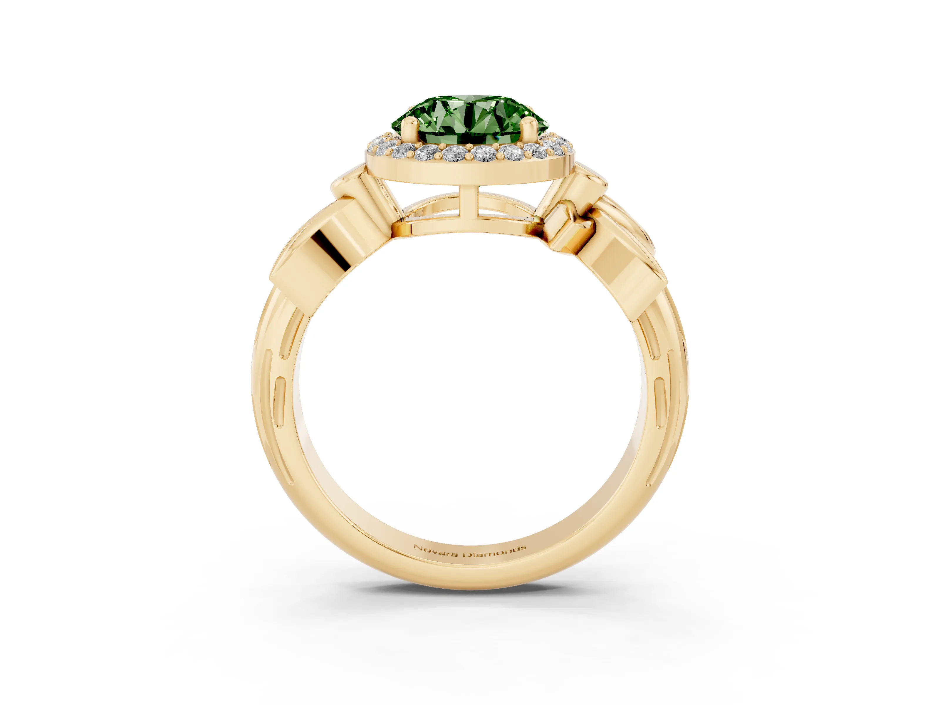 Fancy Green Round Cut Diamond Halo Floral Band Ring Set in Yellow gold with Prong Setting