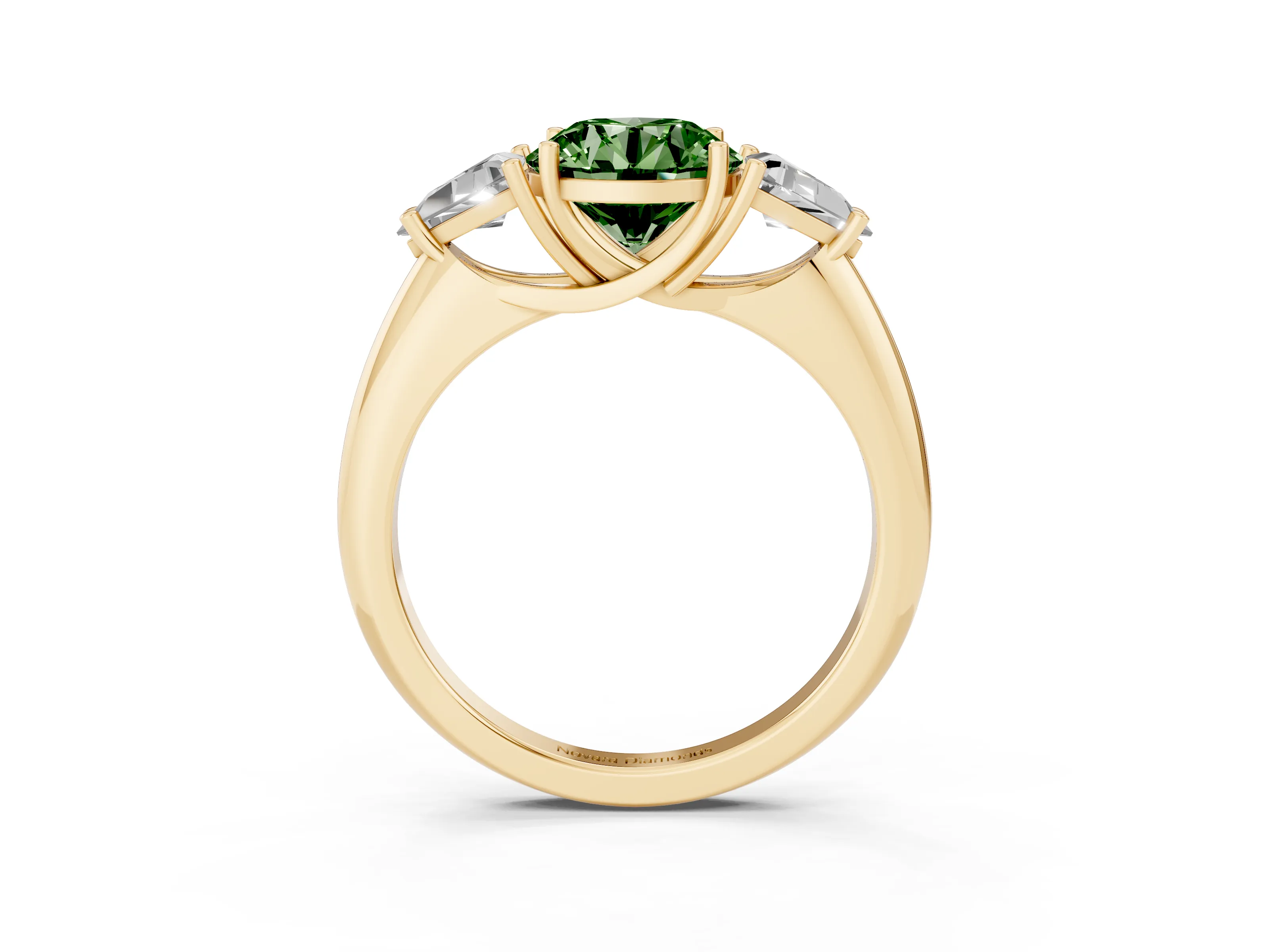 Fancy Green Round Cut Diamond Three-Stone Engagement Ring Set in Yellow gold with Trillion Side Stones
