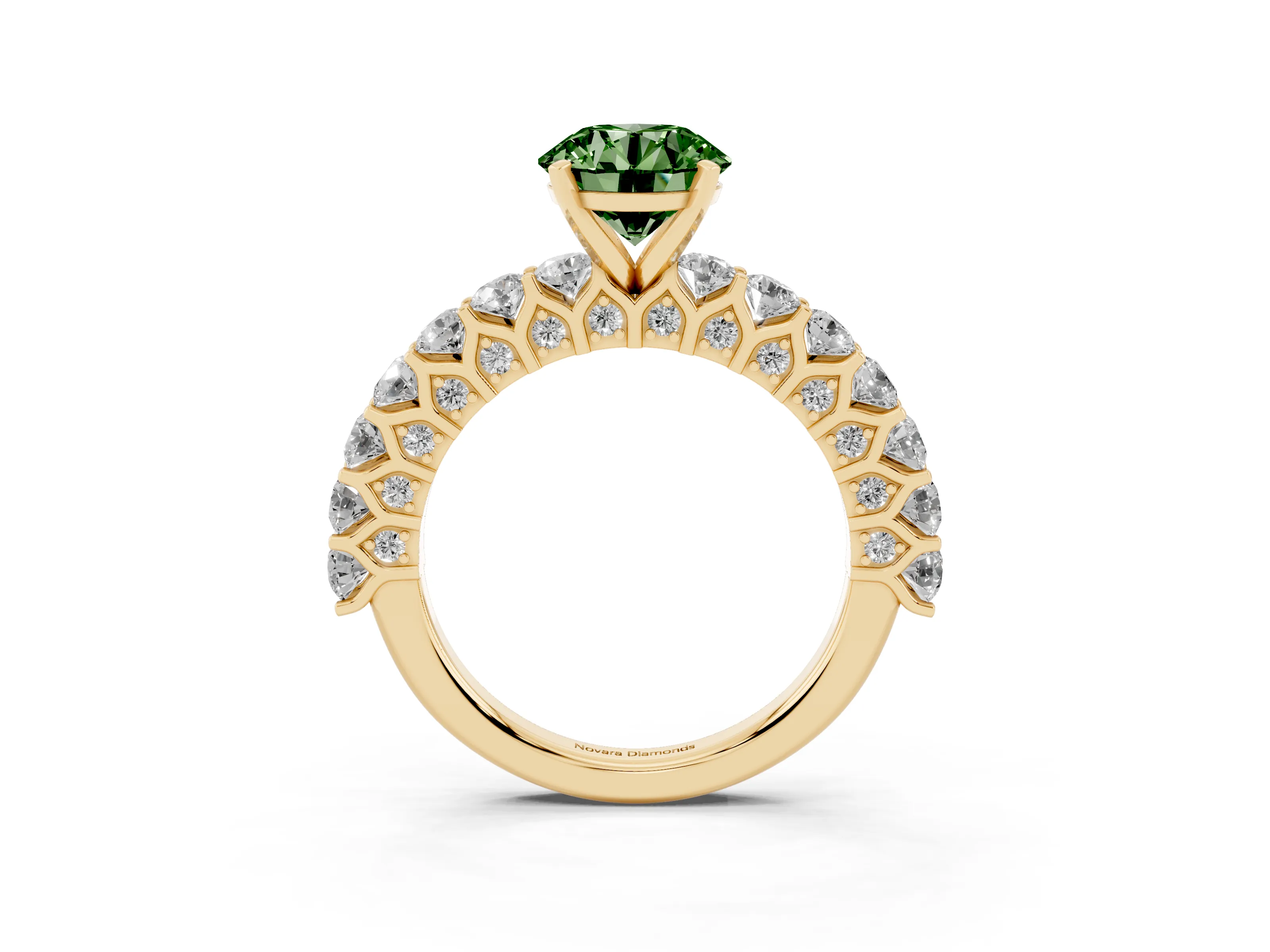 Fancy Green Round Cut Diamond Solitaire Ring Set in Yellow gold with Shared Prong Pavé Band