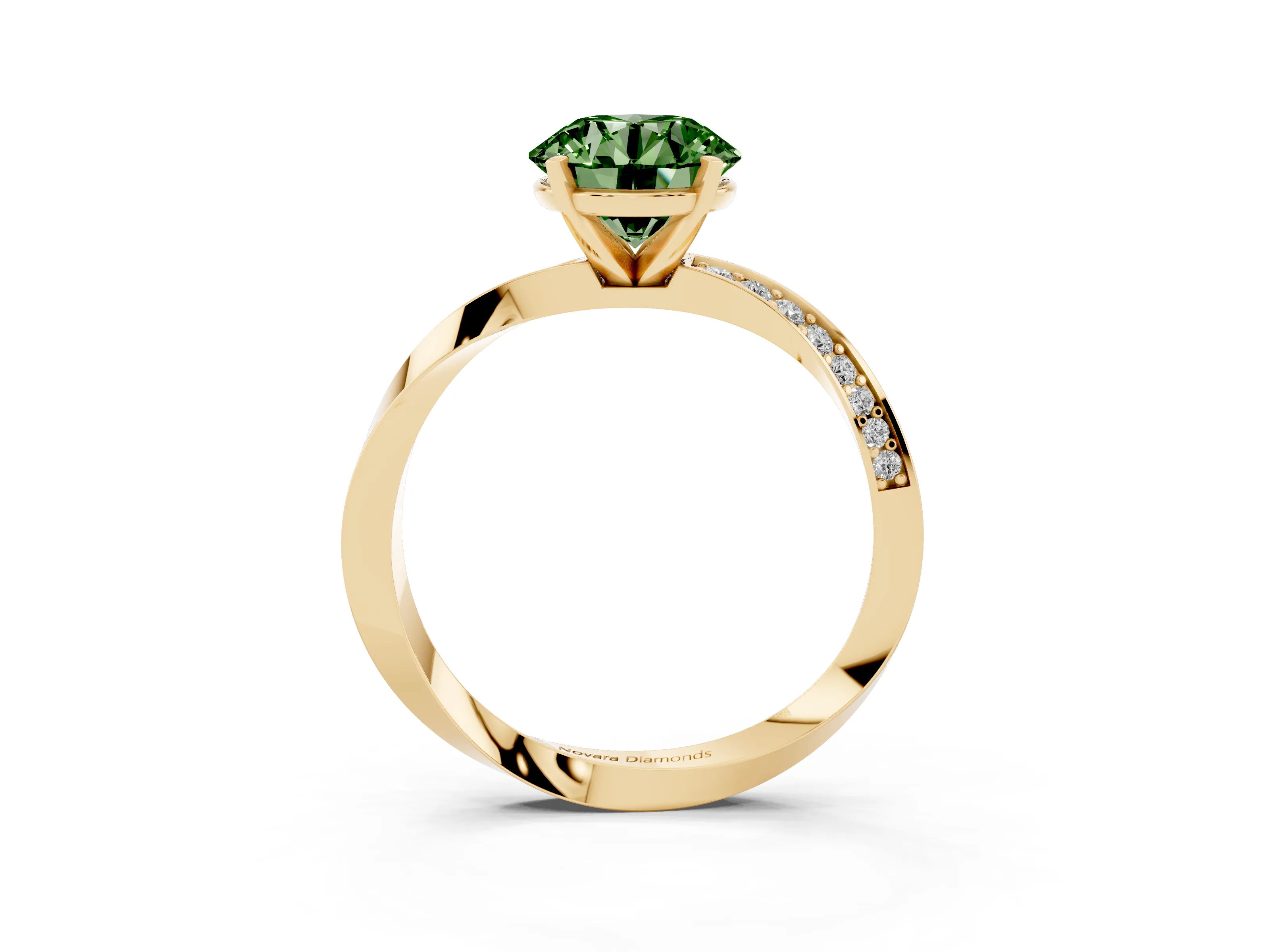 Fancy Green Round Cut Diamond Engagement Ring Set in Yellow gold with Side Stone Accents and Prong Setting