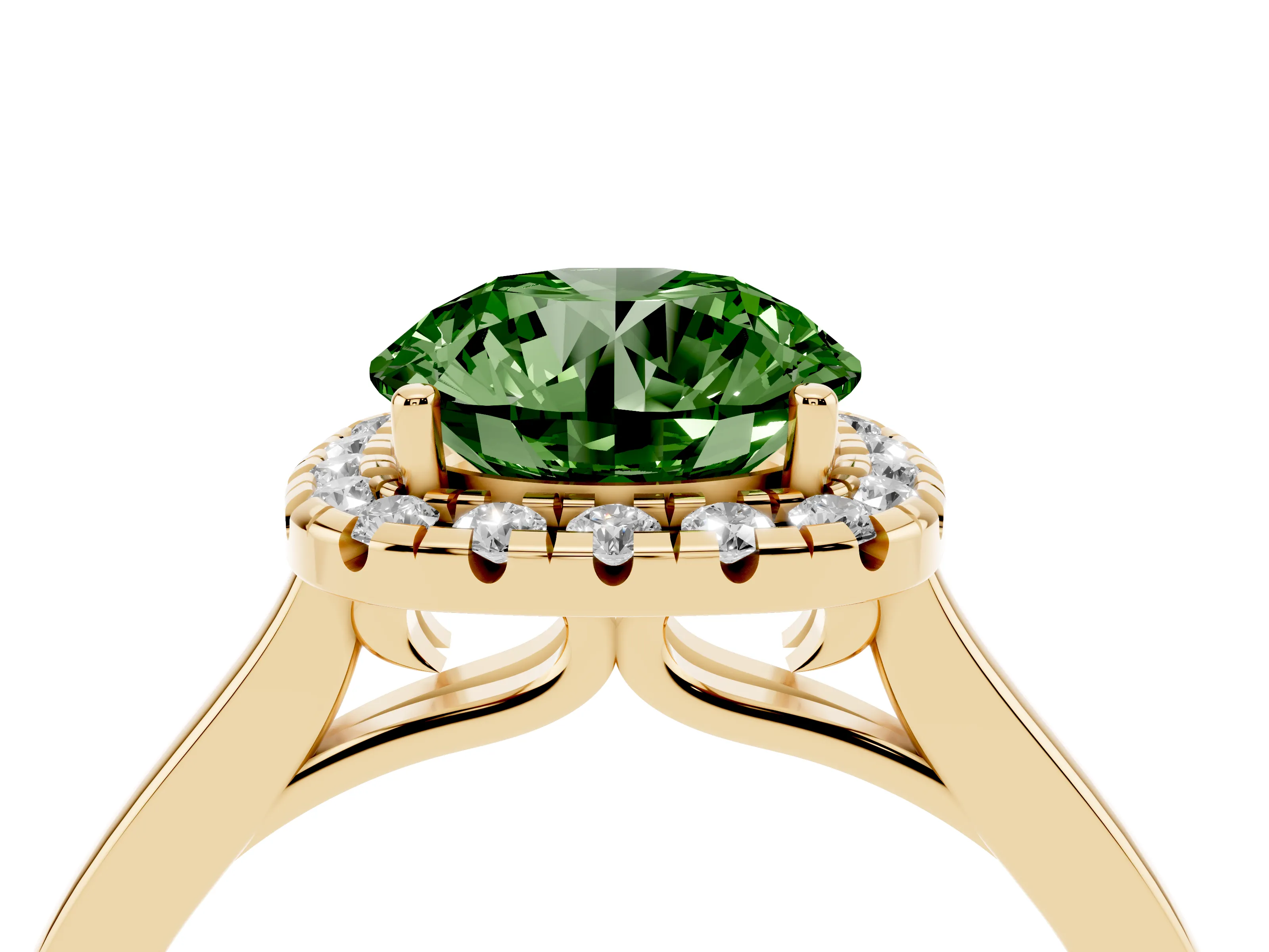 Fancy Green Round Cut Halo Round Diamond Solitaire Ring Set in Yellow gold with Pavé Band and Prong Setting