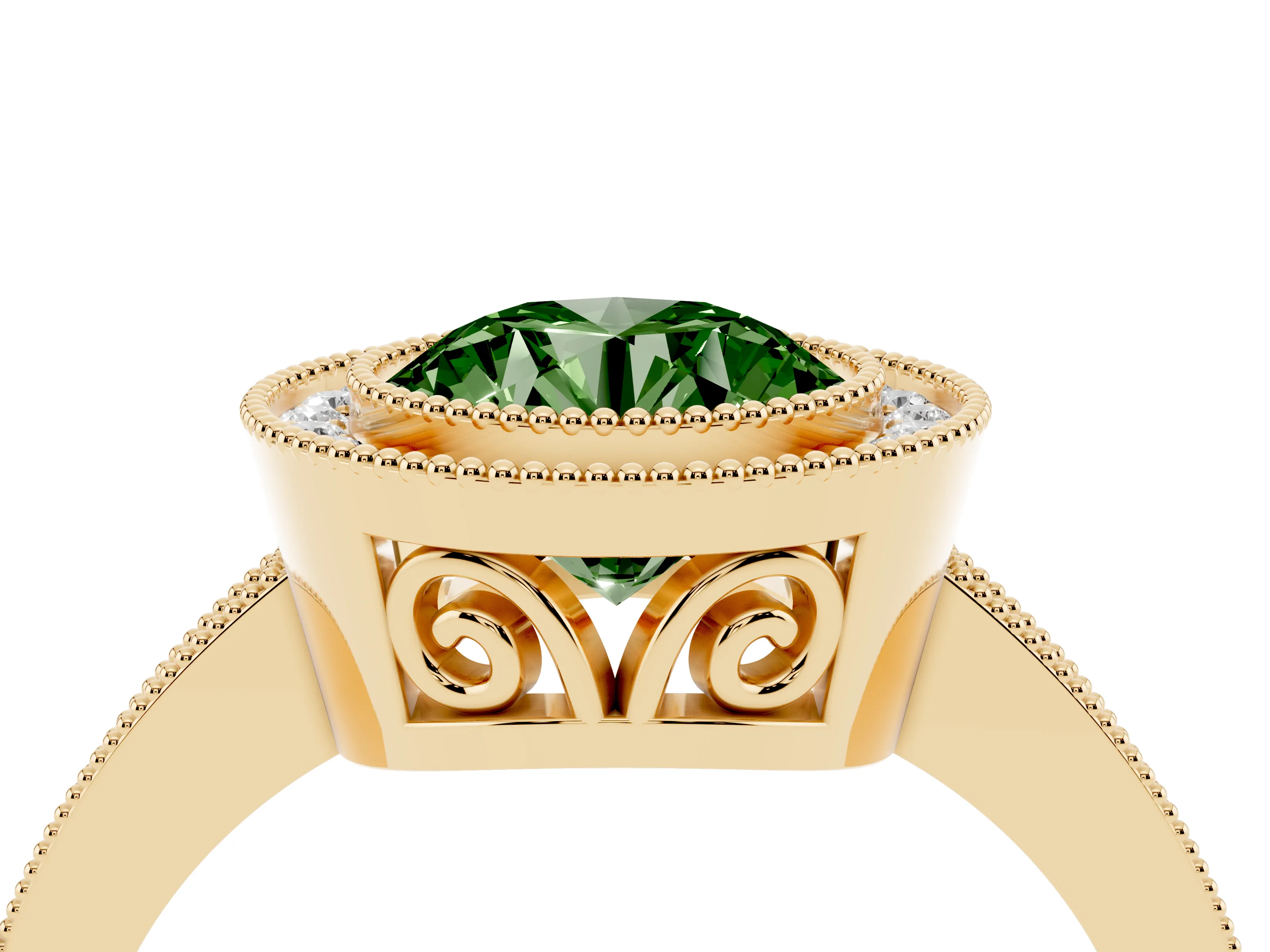 Fancy Green Round Cut Diamond Halo Ring Set in Yellow gold with Pavé Band and Milgrain-Edged Prongs