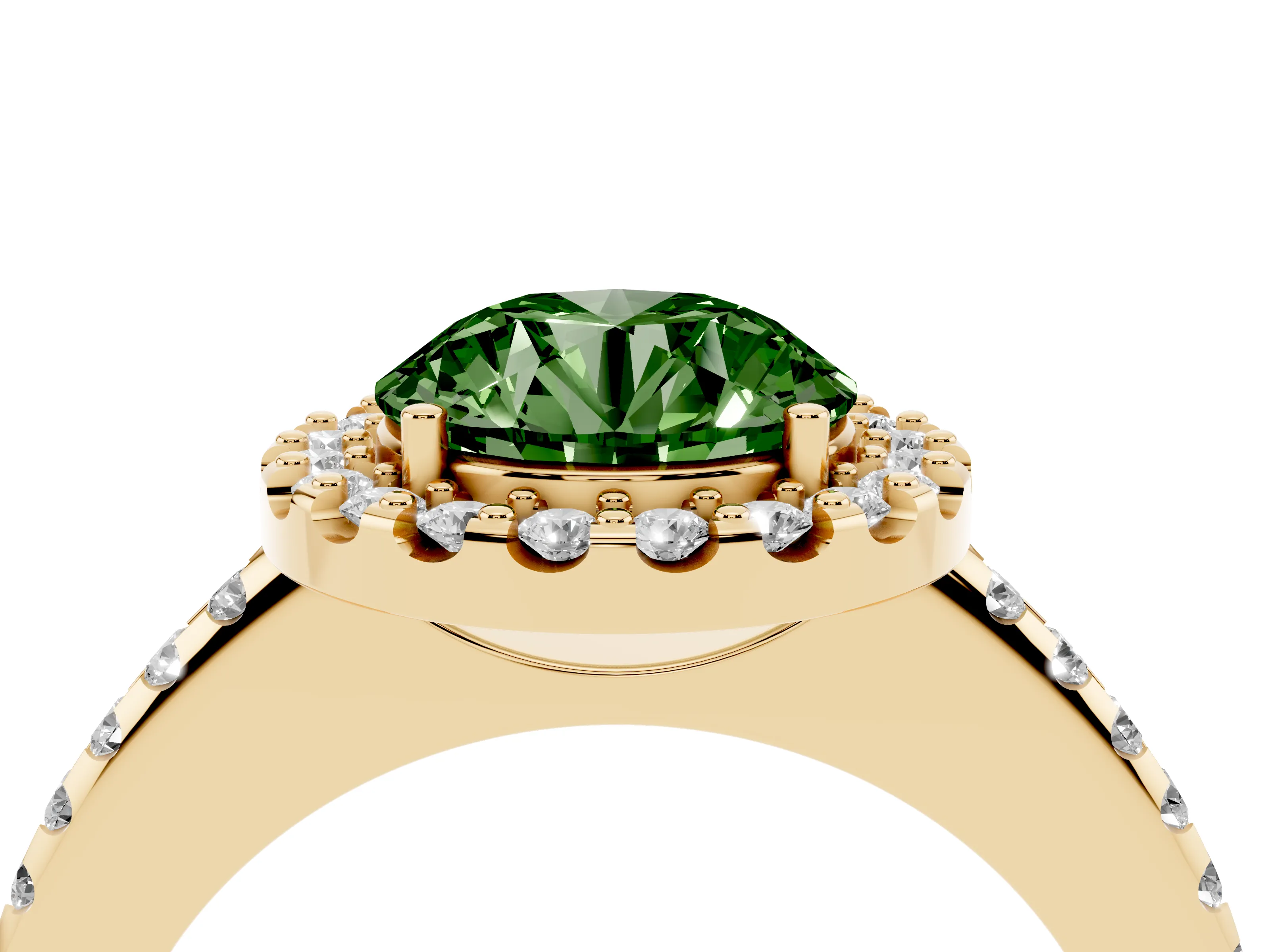 Fancy Green Round Cut Diamond Pavé Halo Ring Set in Yellow gold with Prong Setting