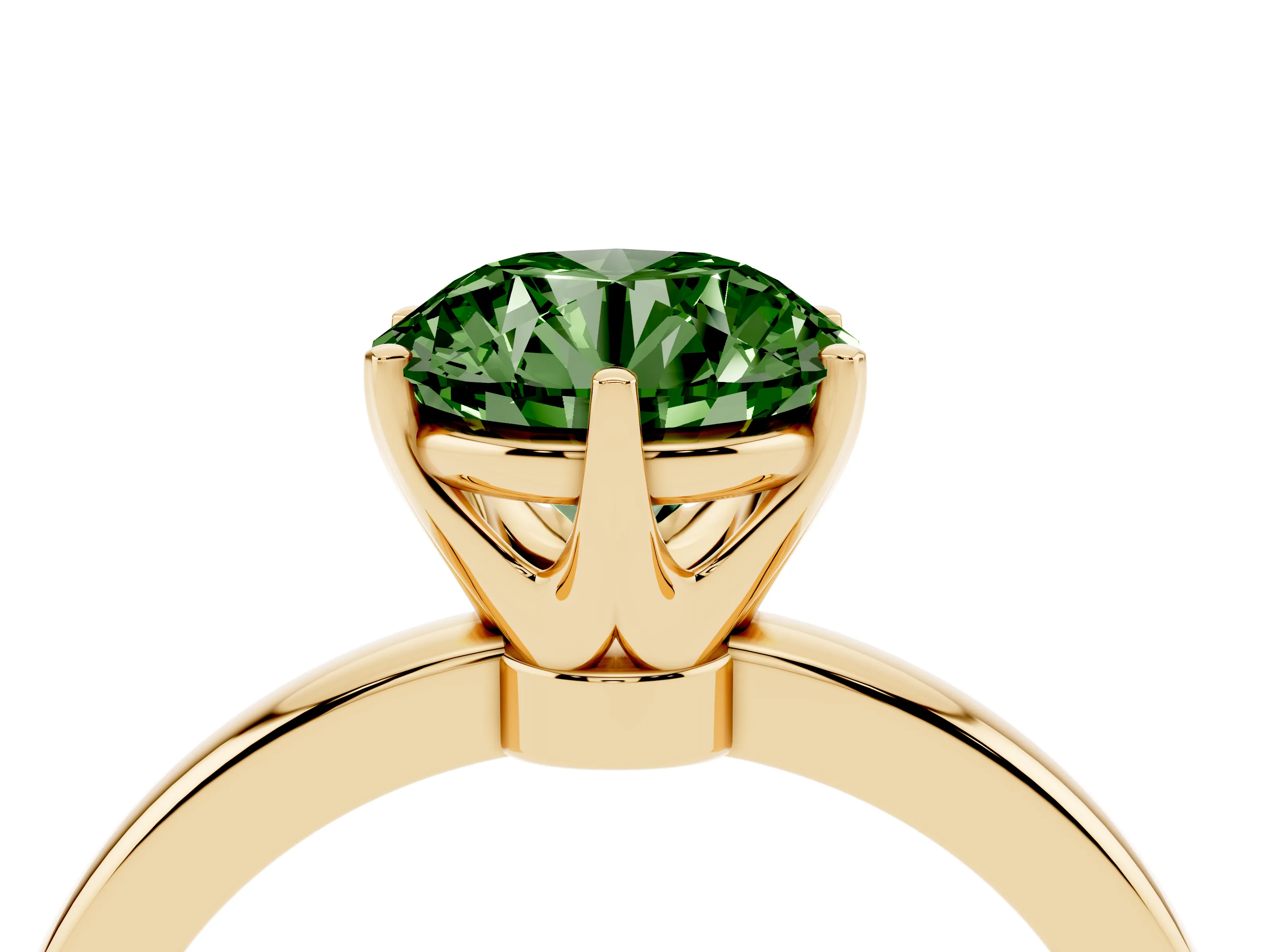 Fancy Green Round Cut Diamond Solitaire Ring Set in Yellow gold with Raised Prong Setting on a Classic Band