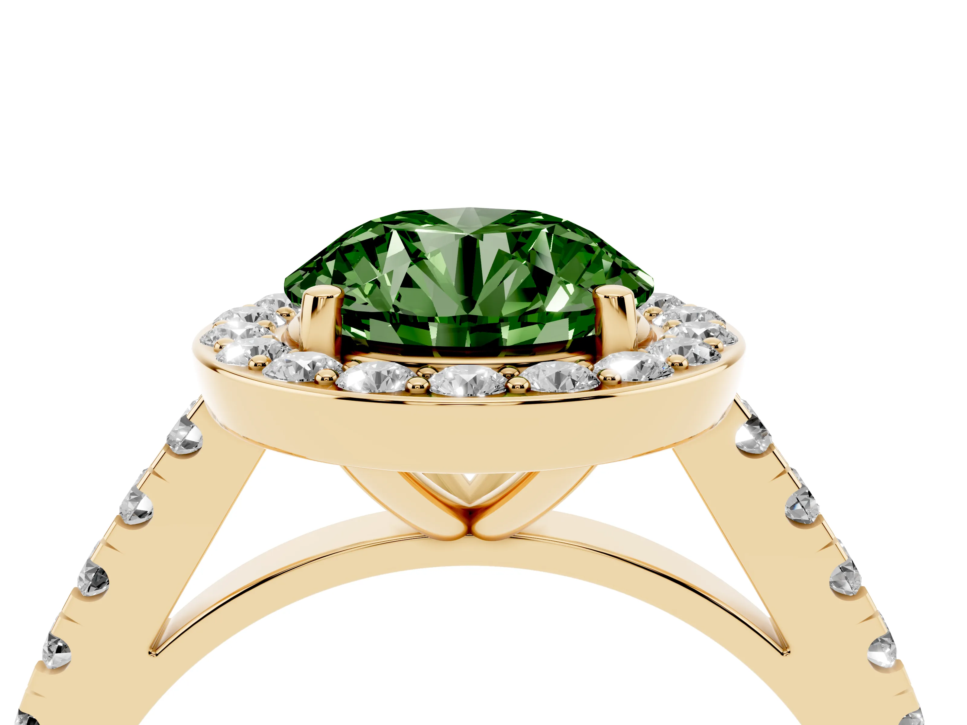 Fancy Green Round Cut Diamond Halo Ring Set in Yellow gold with Round Pavé Split Shank and Prong Setting