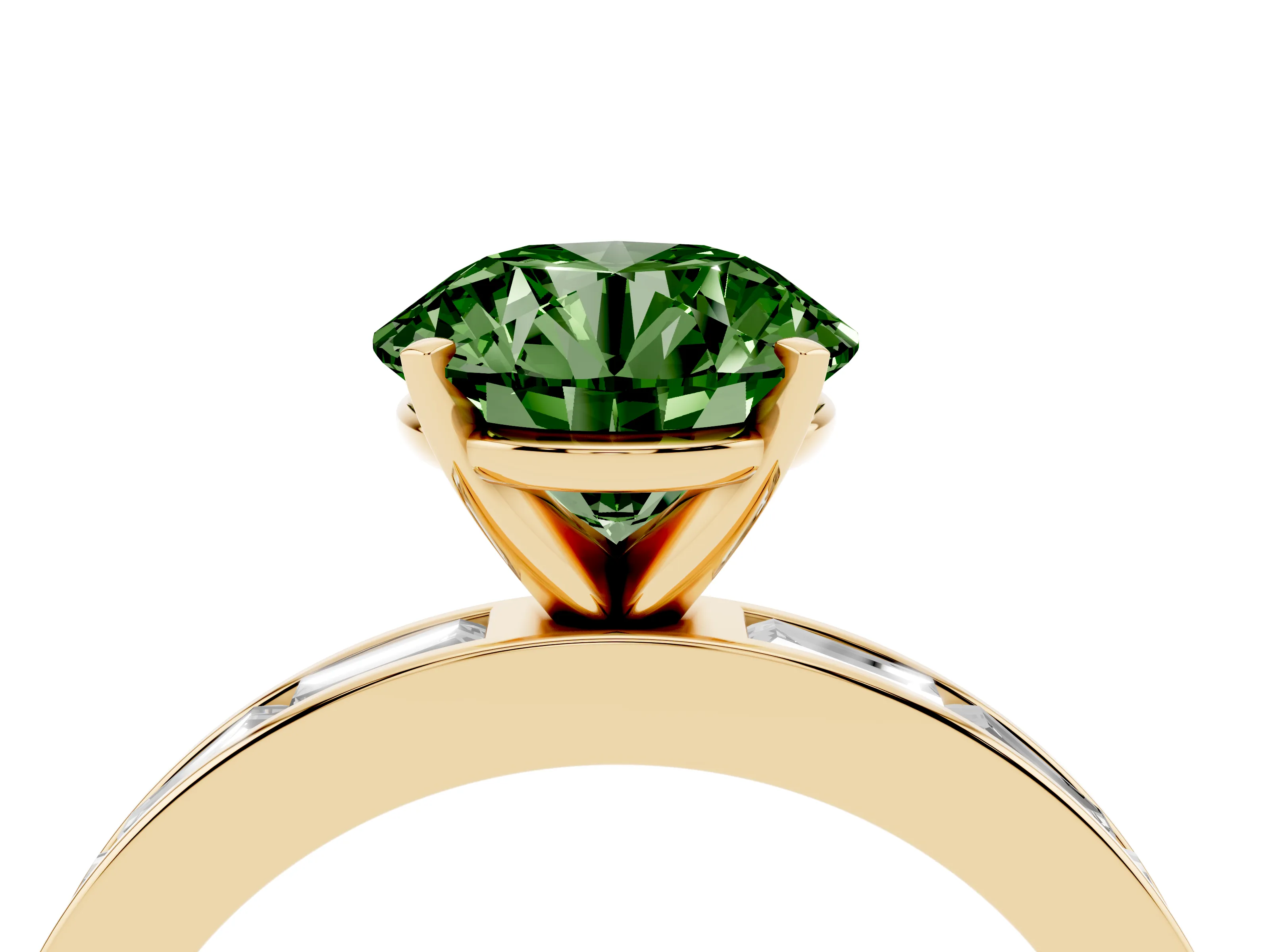 Fancy Green Round Cut Diamond Solitaire Ring Set in Yellow gold with Channel-Set Baguette Band and Prong Setting