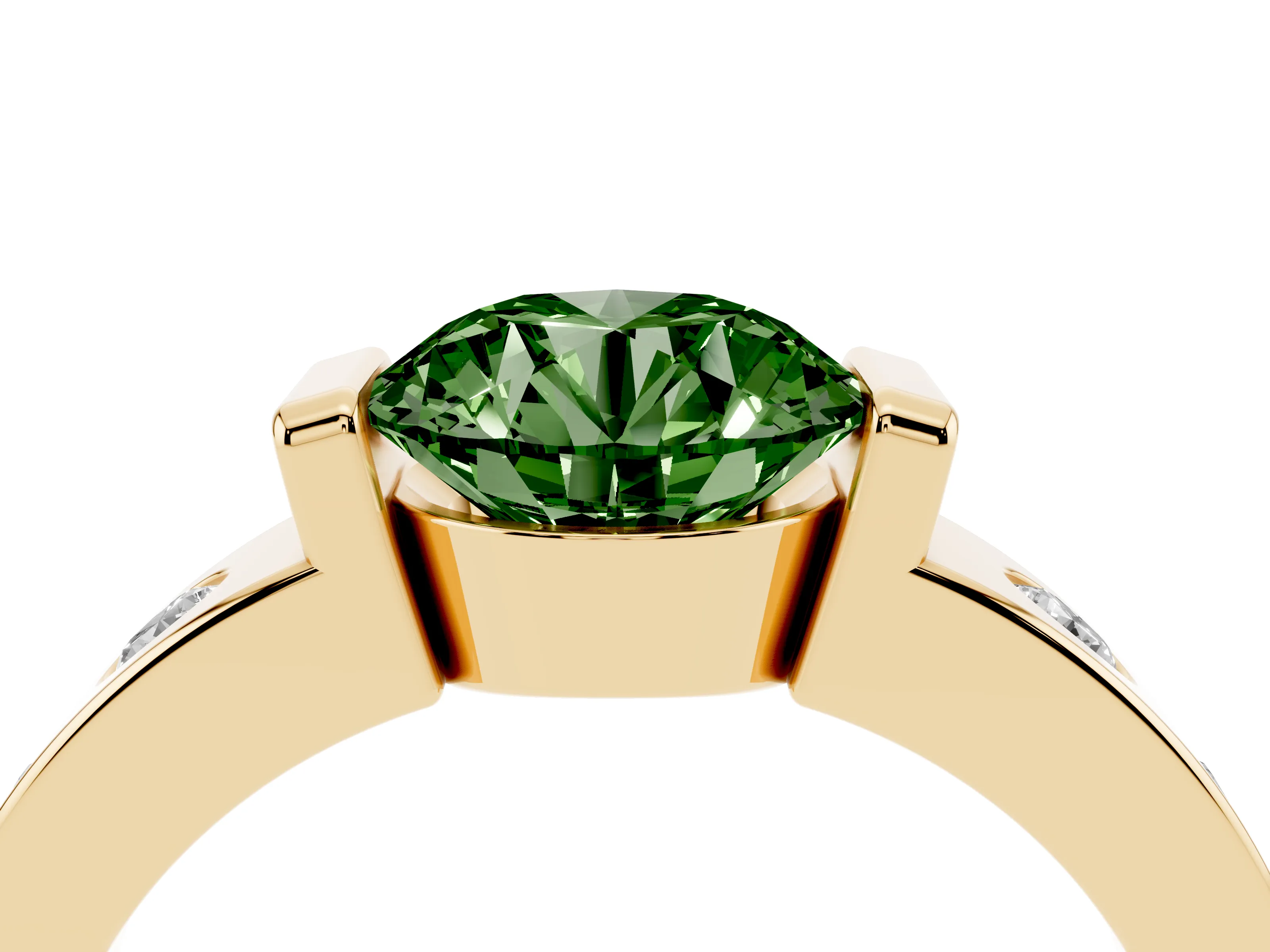 Fancy Green Round Cut Diamond Channel-Set Band Ring Set in Yellow gold with Bezel Prong Setting