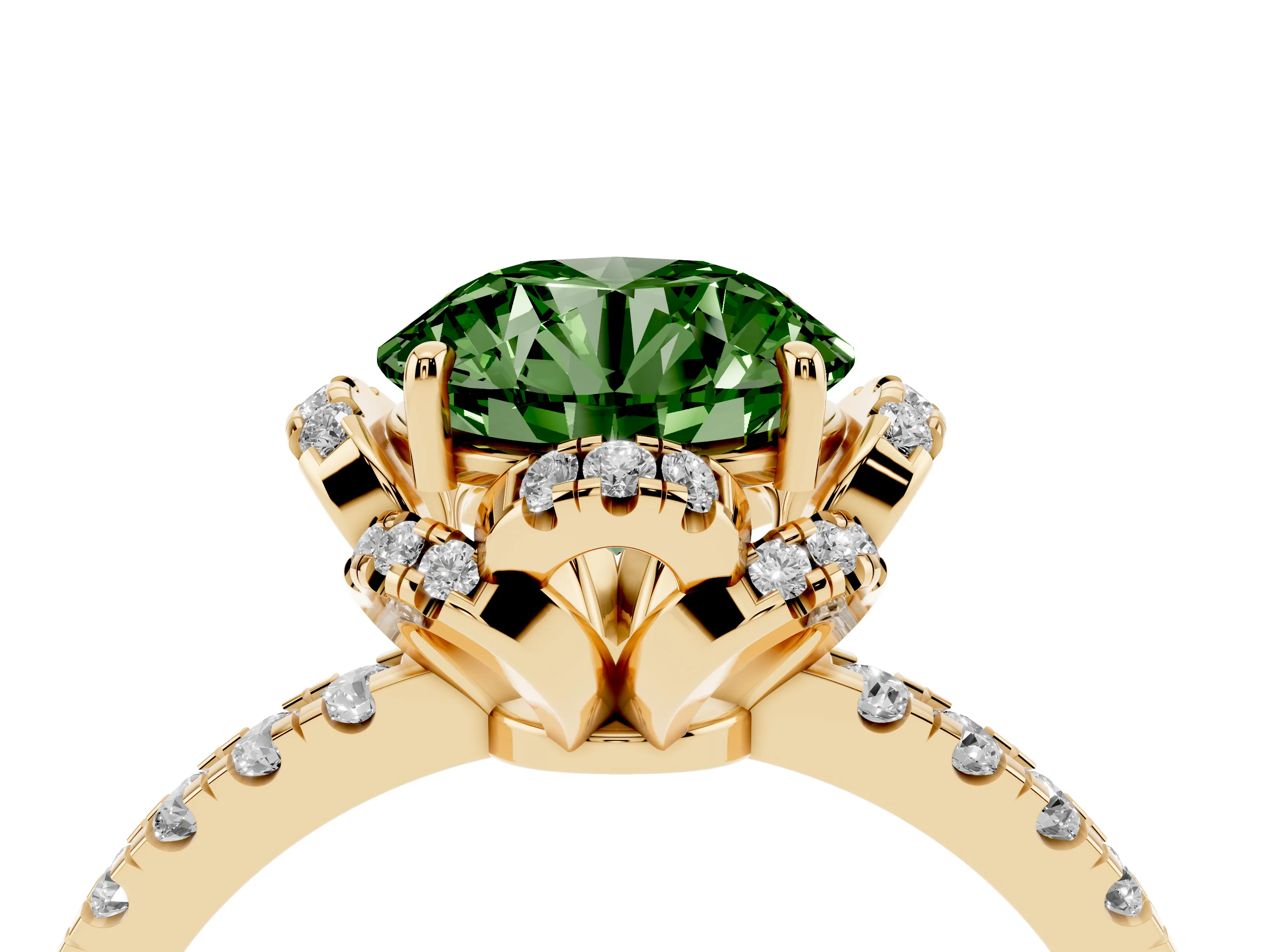 Fancy Green Round Cut Diamond Halo Pavé Band Ring Set in Yellow gold with Prong-Held Center