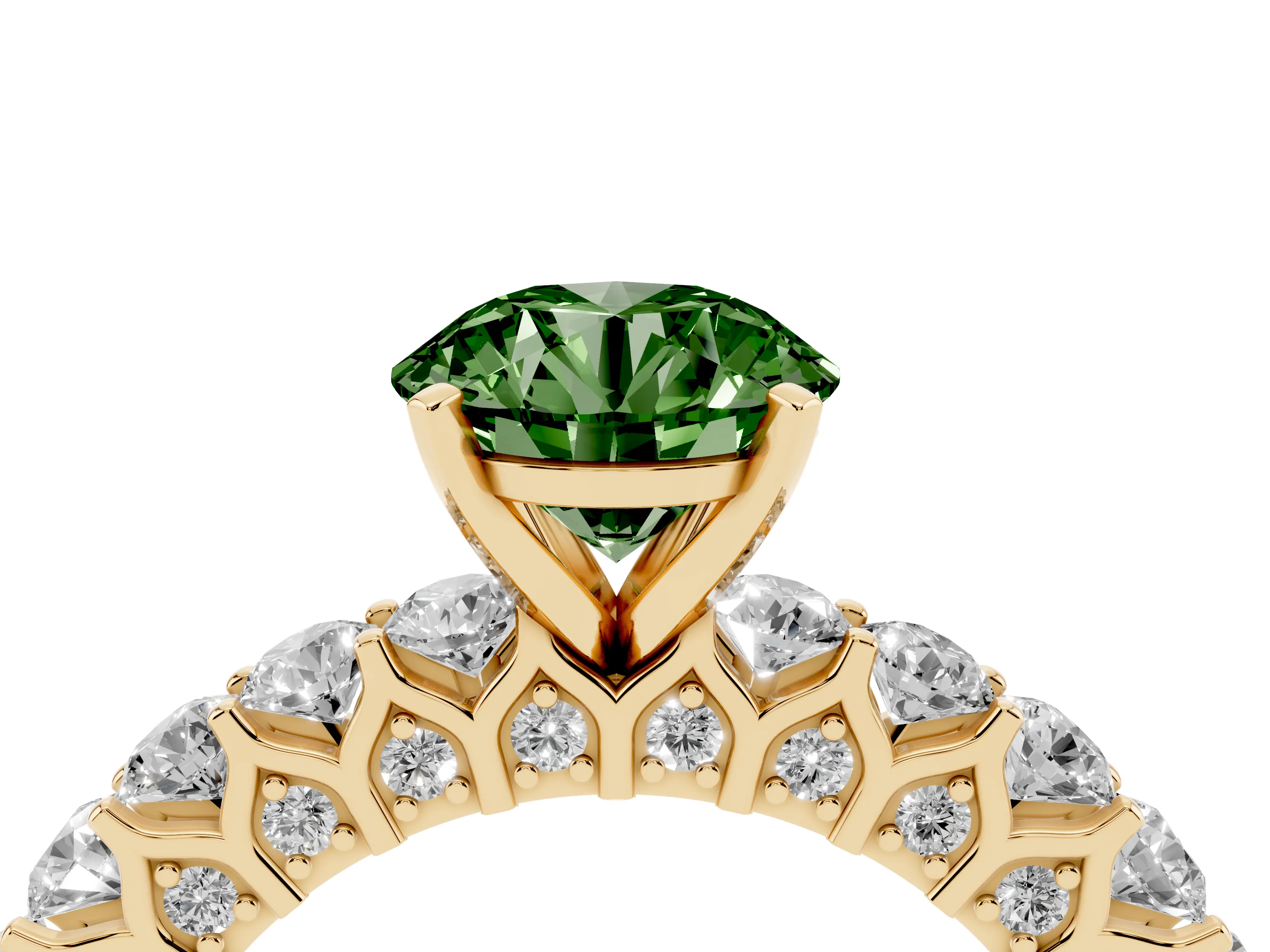 Fancy Green Round Cut Diamond Solitaire Ring Set in Yellow gold with Shared Prong Pavé Band