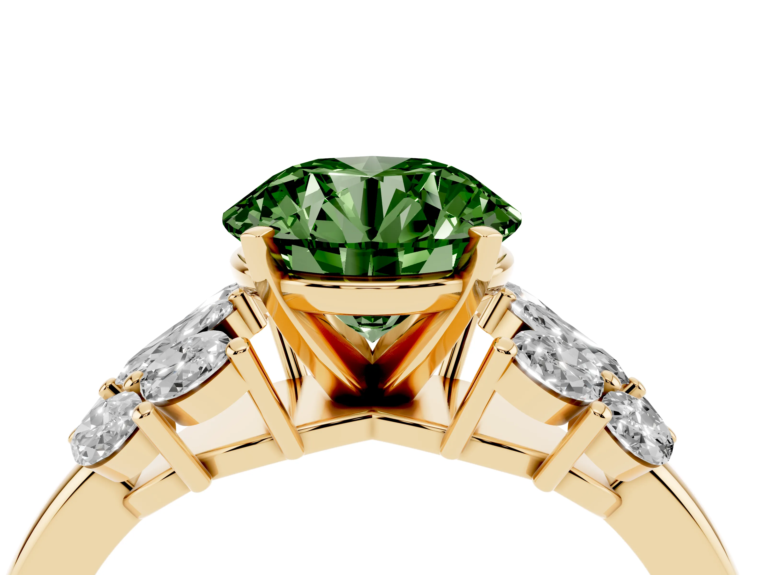 Fancy Green Round Cut Diamond Cluster Leaf Design Ring Set in Yellow gold with Prong Setting