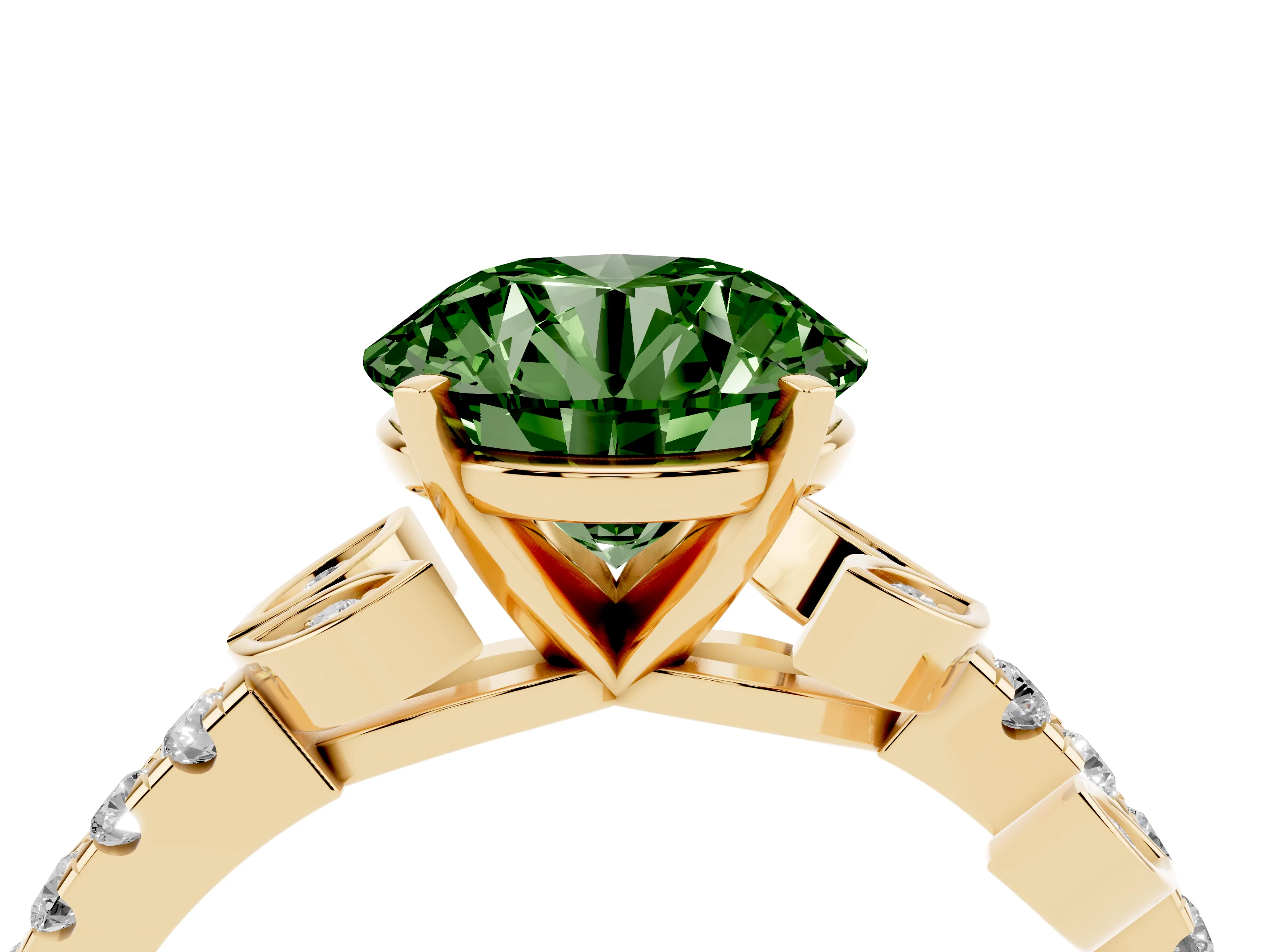 Fancy Green Round Cut Diamond Solitaire Leaf-Inspired Ring Set in Yellow gold with Pavé Band and Prong Setting