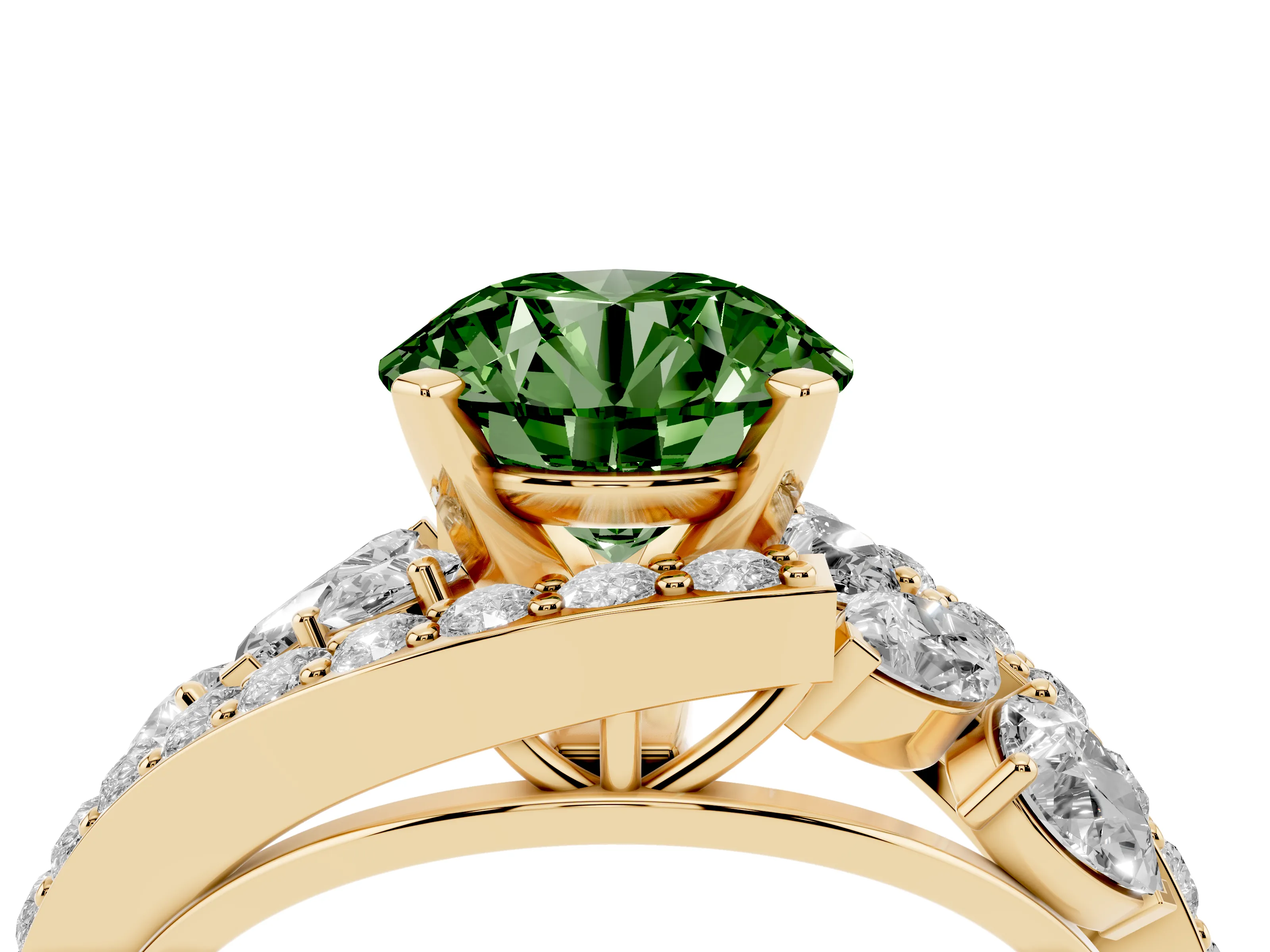 Fancy Green Round Cut Diamond Halo Ring Set in Yellow gold with Marquise and Pavé Band in Prong Setting