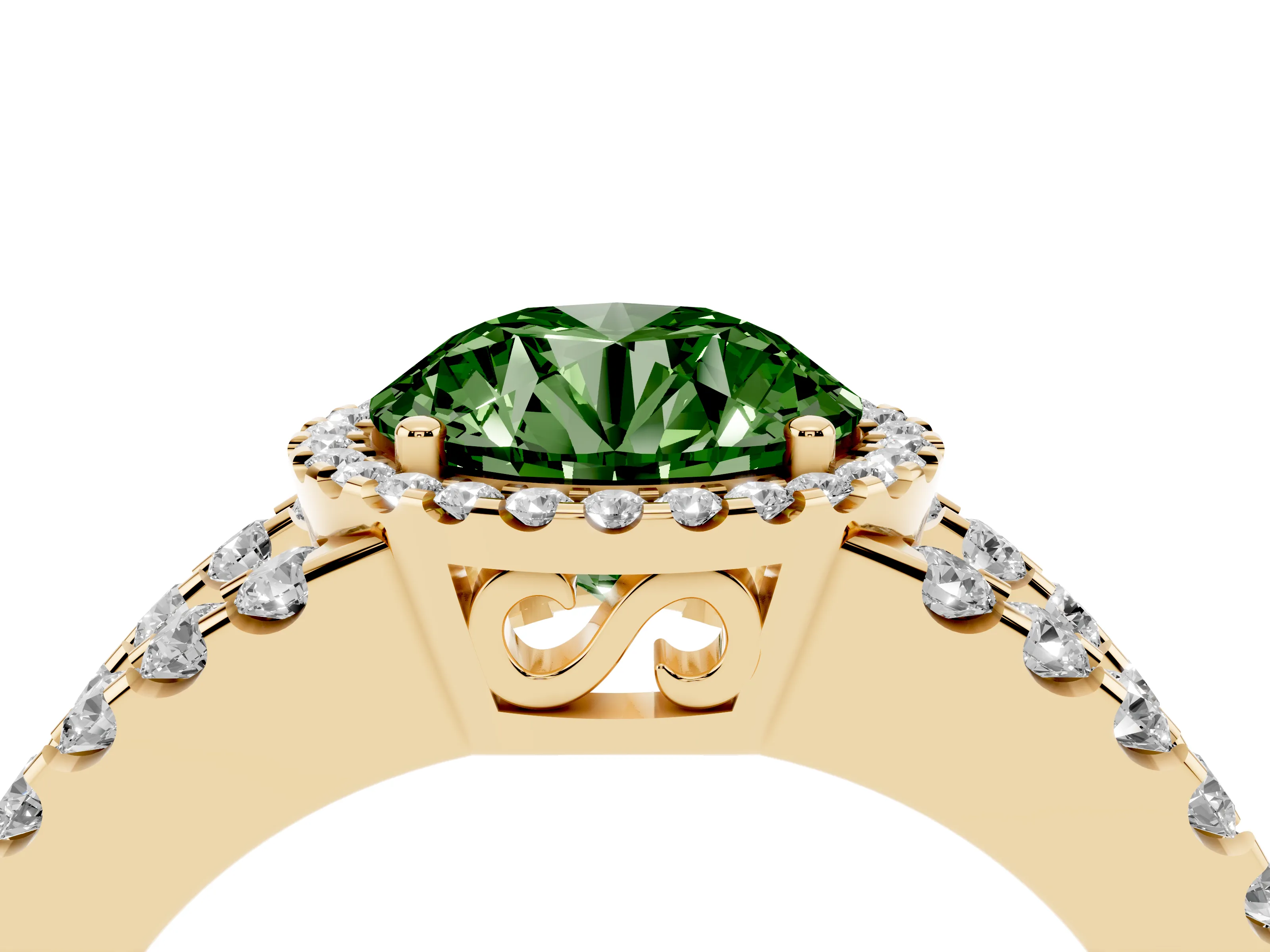 Fancy Green Round Cut Diamond Halo Ring Set in Yellow gold with Pavé Split Shank and Prong Setting