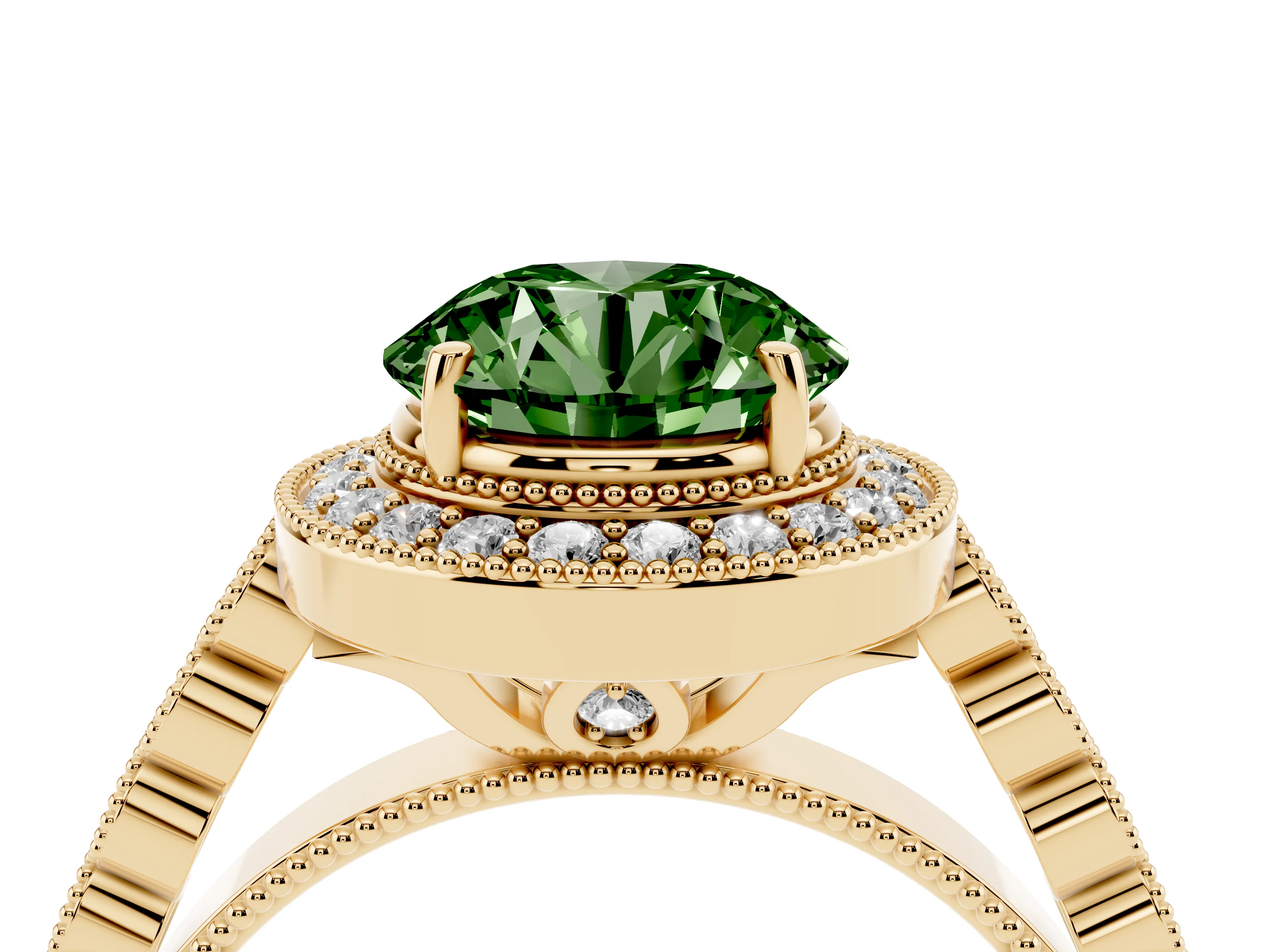 Fancy Green Round Cut Diamond Milgrain Halo Solitaire Ring Set in Yellow gold with Bezel Set Side Stones and Pavé Band