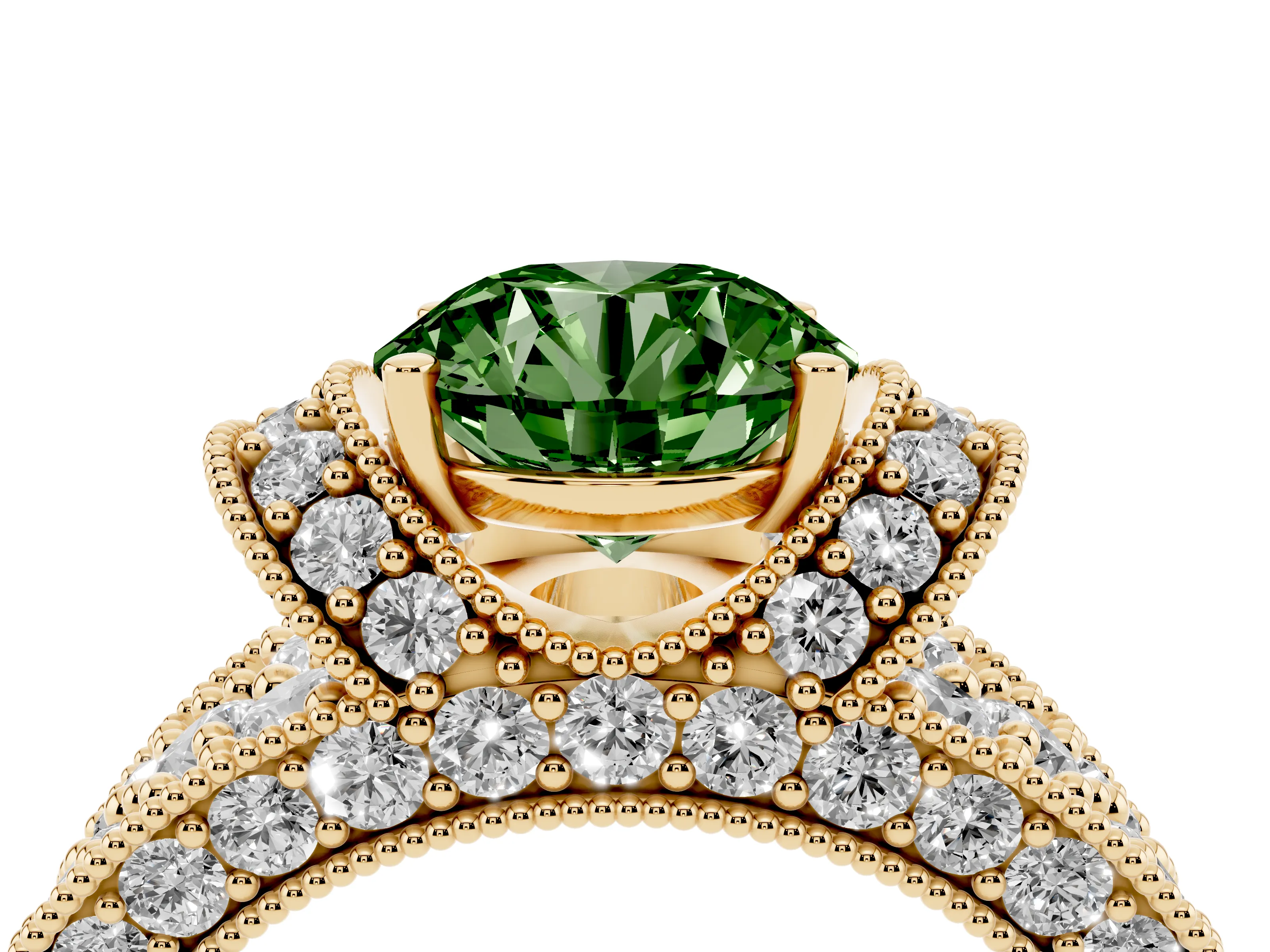 Fancy Green Round Cut Diamond Milgrain Halo Pavé Engagement Ring Set in Yellow gold with Prong Setting