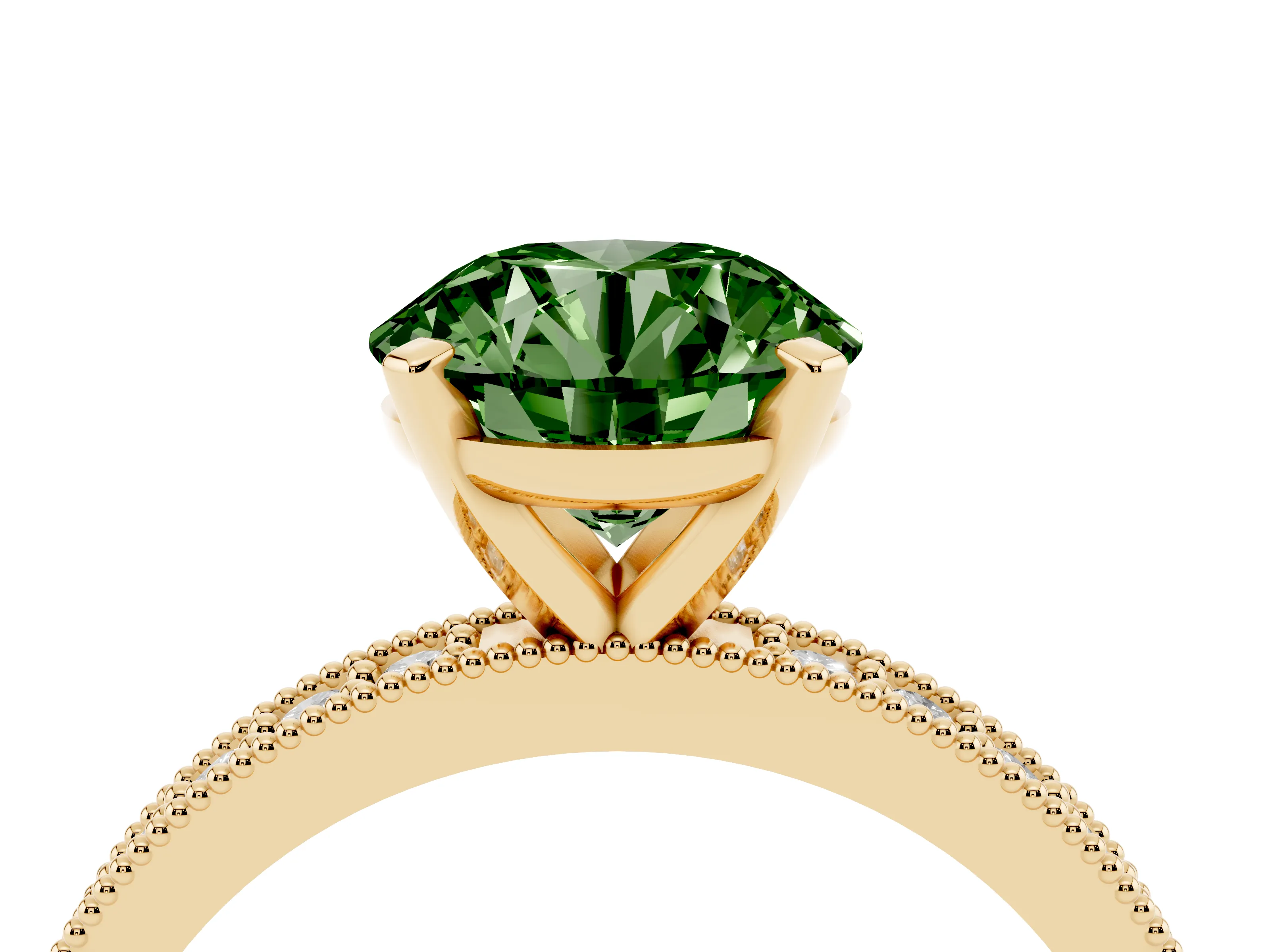 Fancy Green Round Cut Diamond Milgrain Pavé Engagement Ring Set in Yellow gold with Prong Setting