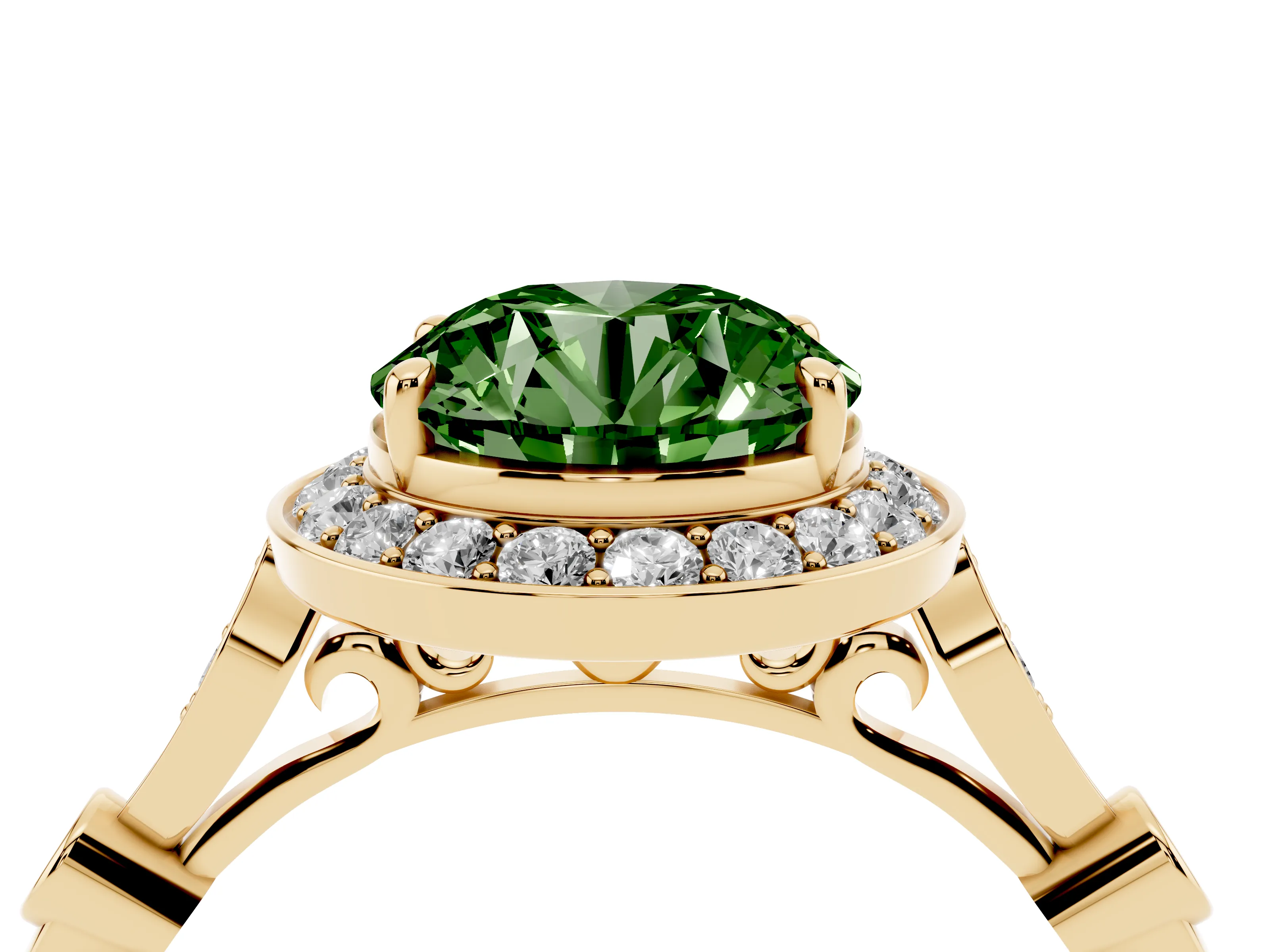 Fancy Green Round Cut Diamond Halo Engagement Ring Set in Yellow gold with Twisted Band and Prong Setting