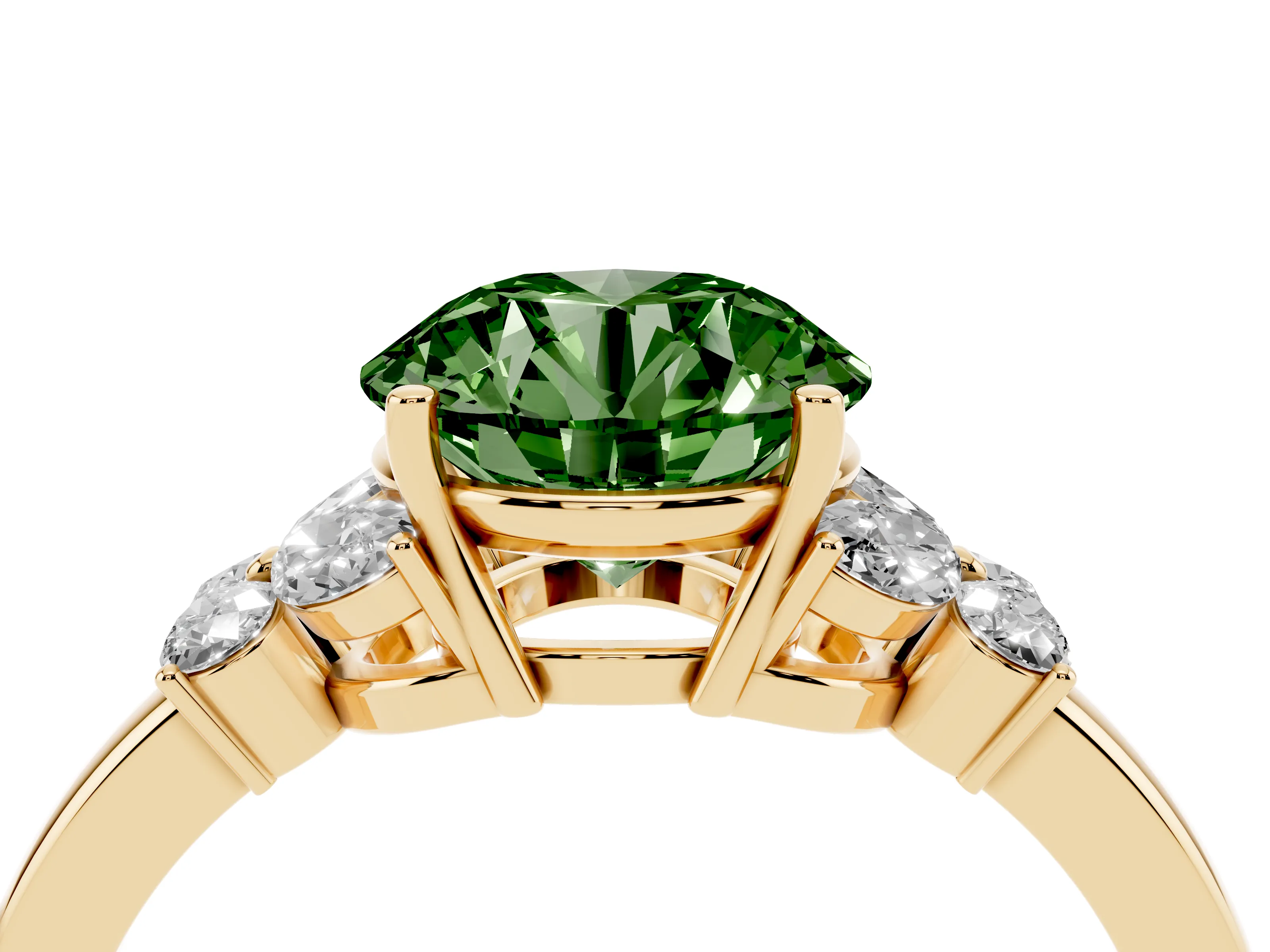 Fancy Green Round Cut Diamond Solitaire Floral Ring Set in Yellow gold with Marquise Petals and Prong Setting