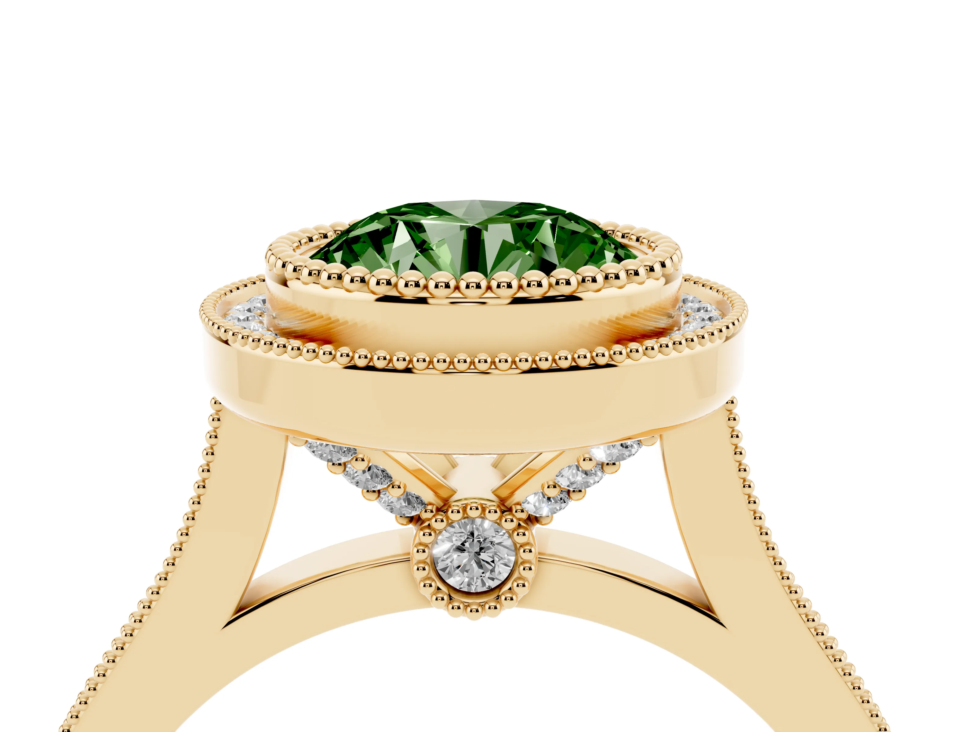 Fancy Green Round Cut Diamond Halo Ring Set in Yellow gold with Milgrain Frame and Pavé Band