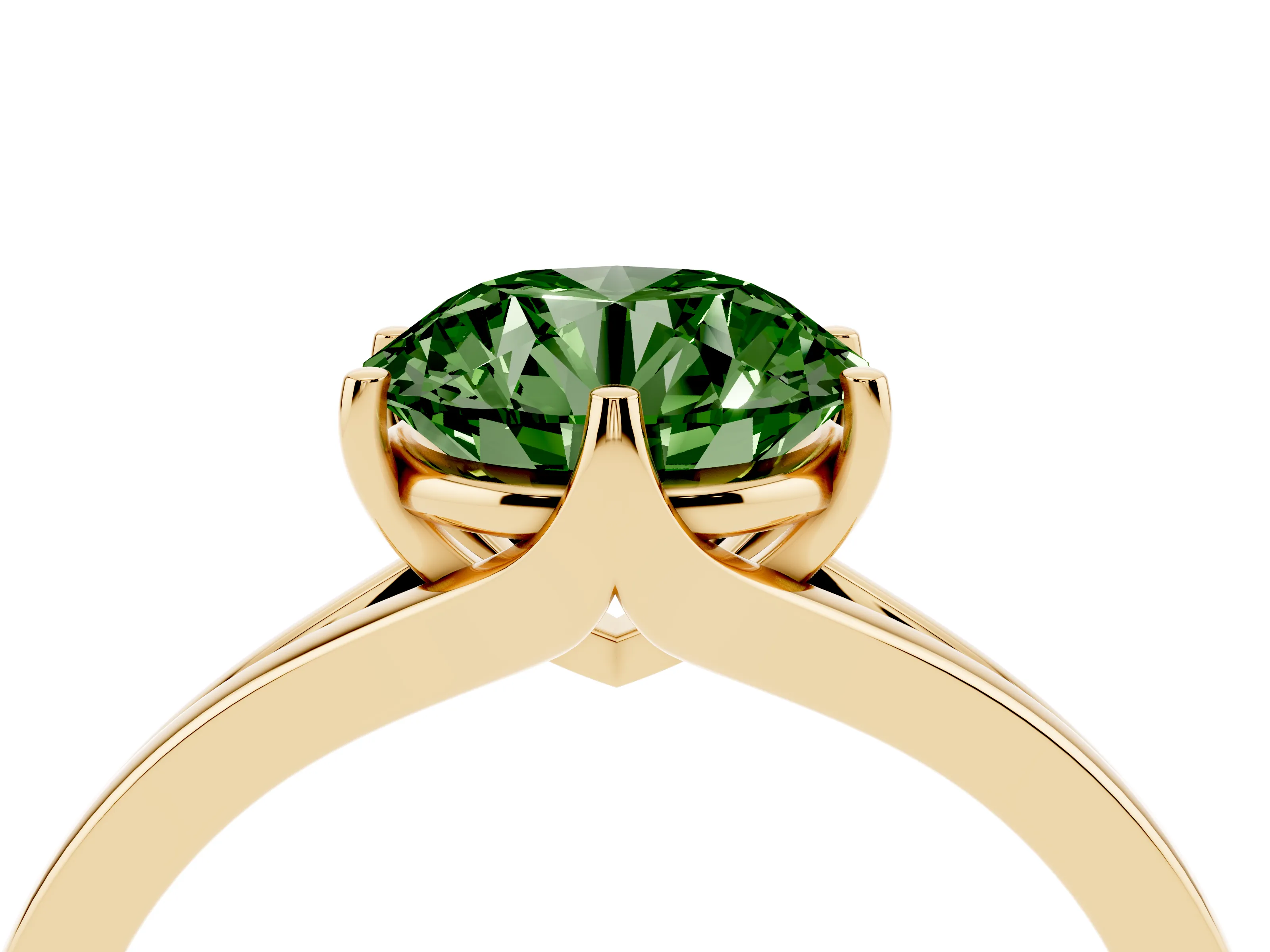 Fancy Green Round Cut Diamond Solitaire Ring Set in Yellow gold with Polished Tapered Band and Prong Setting