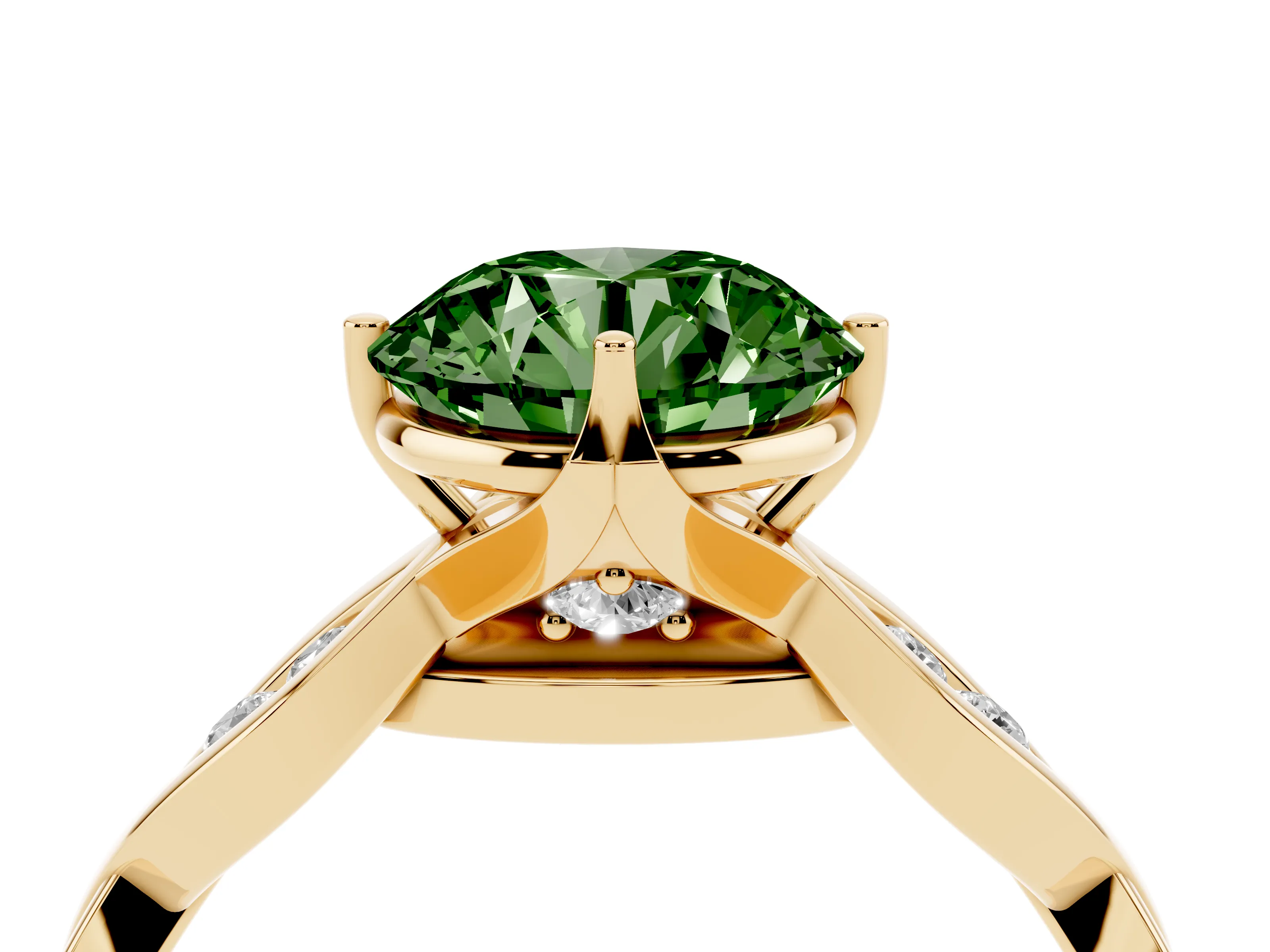 Fancy Green Round Cut Diamond Twist Band Solitaire Ring Set in Yellow gold with Leaf Prong Setting and Accent Stones