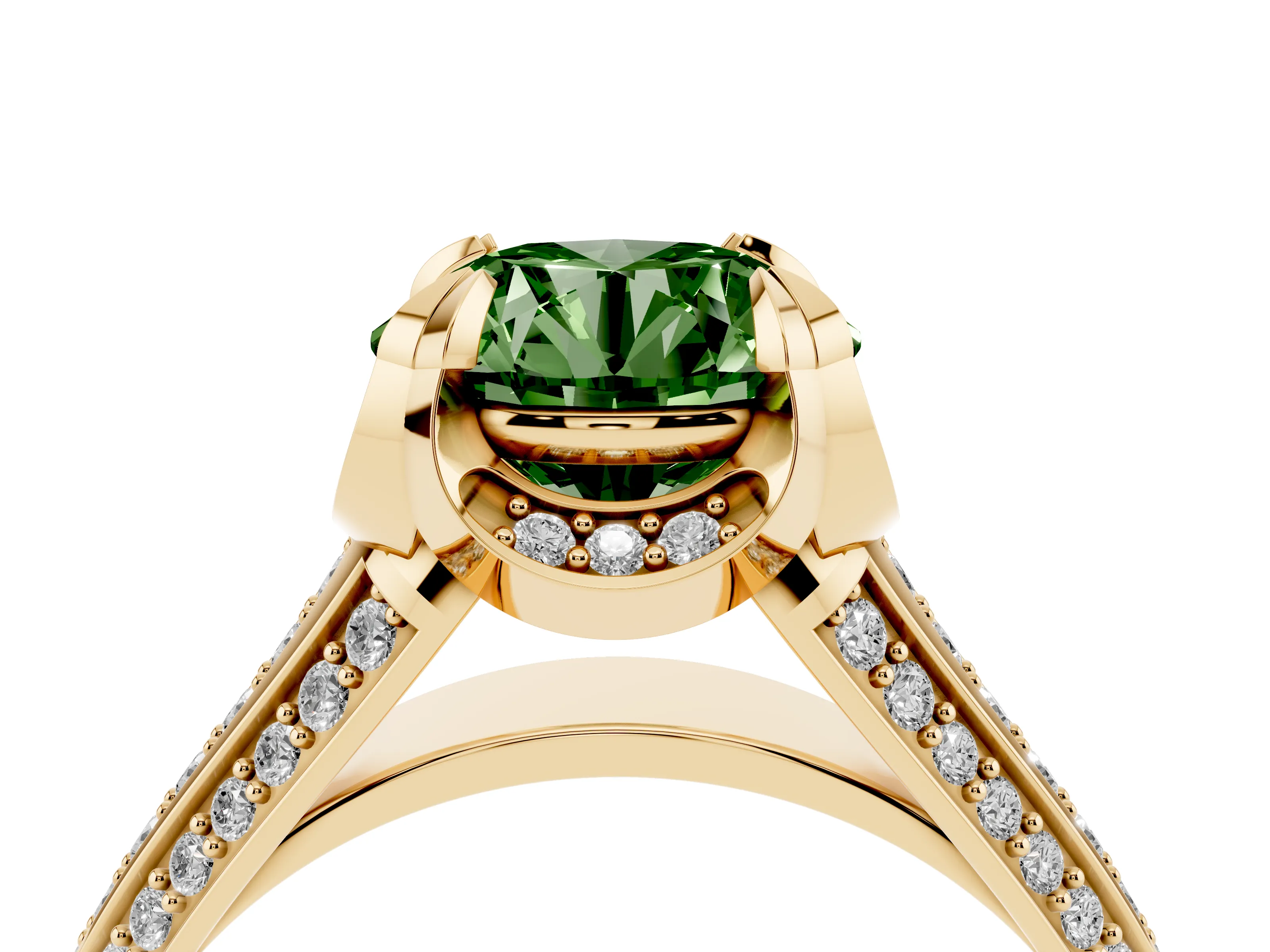 Fancy Green Round Cut Diamond Pavé Split Shank Solitaire Ring Set in Yellow gold with Prong Setting