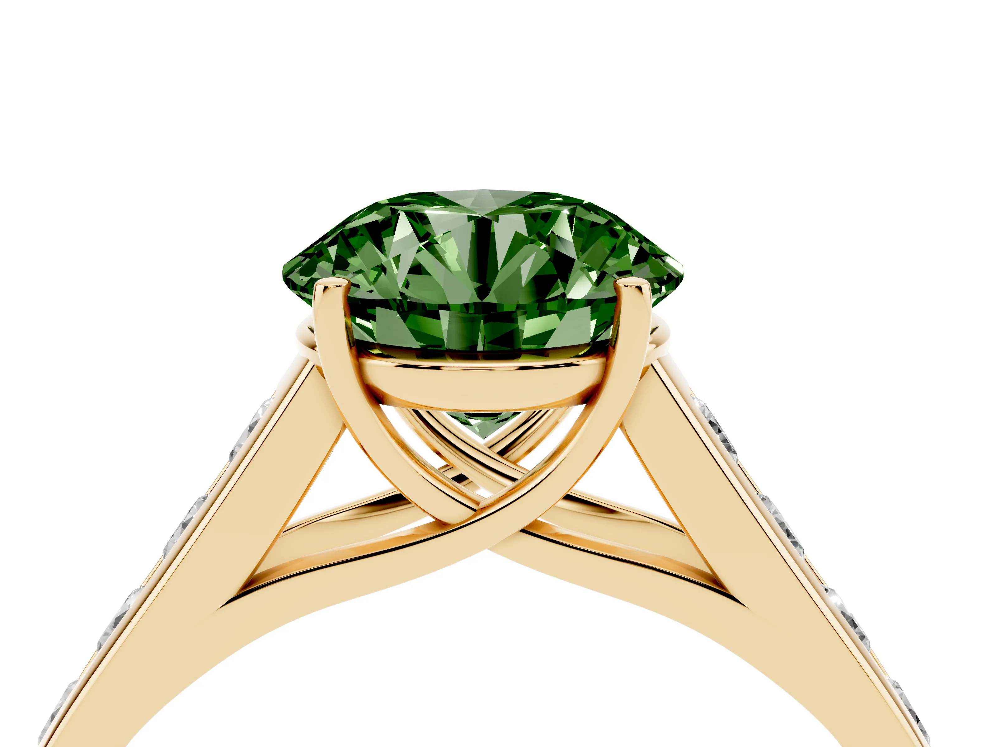 Fancy Green Round Cut Diamond Solitaire Channel-Set Engagement Ring Set in Yellow gold with Prong Setting