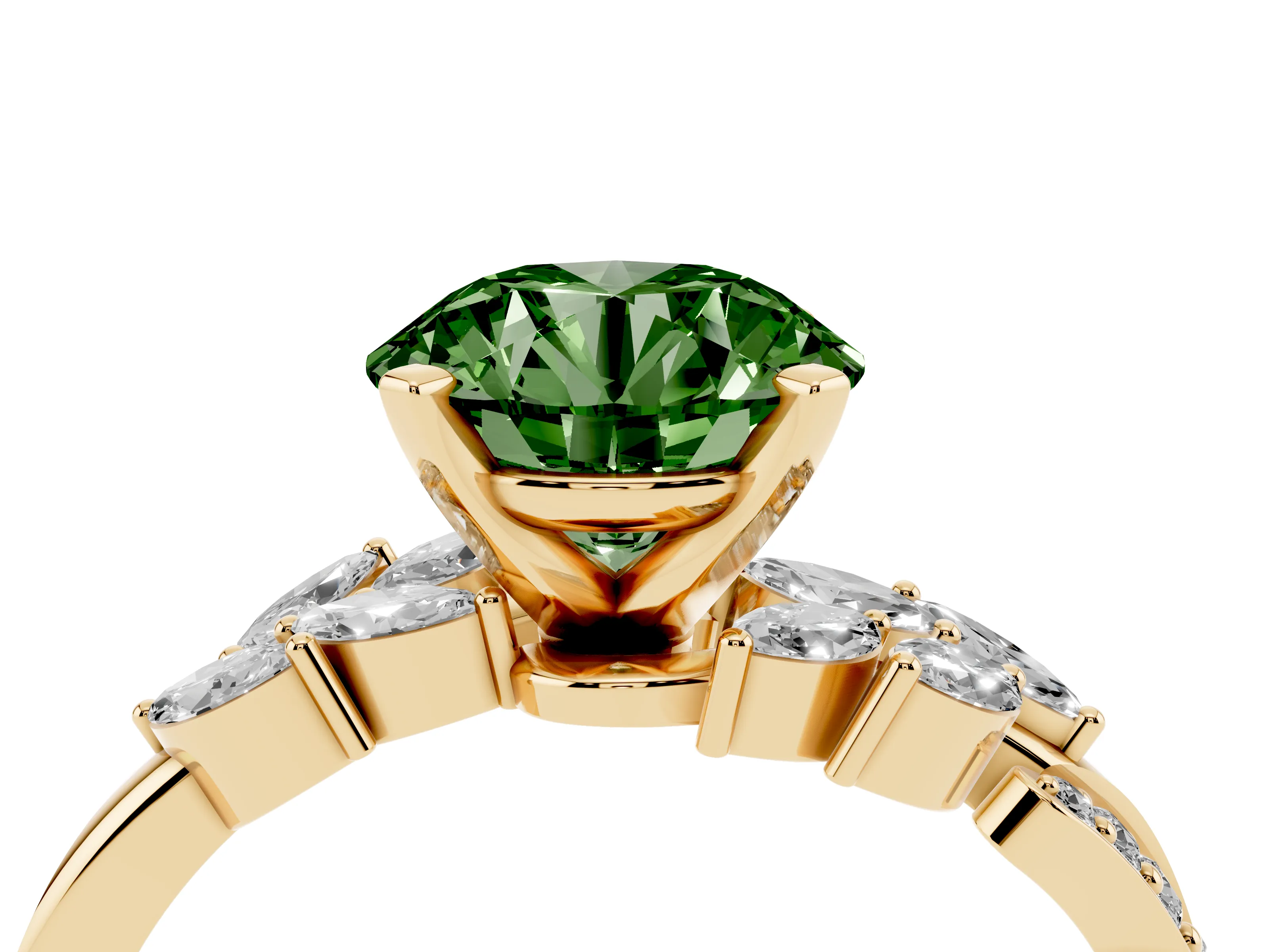 Fancy Green Round Cut Diamond Solitaire Ring Set in Yellow gold with Marquise Twist Band and Prong Setting