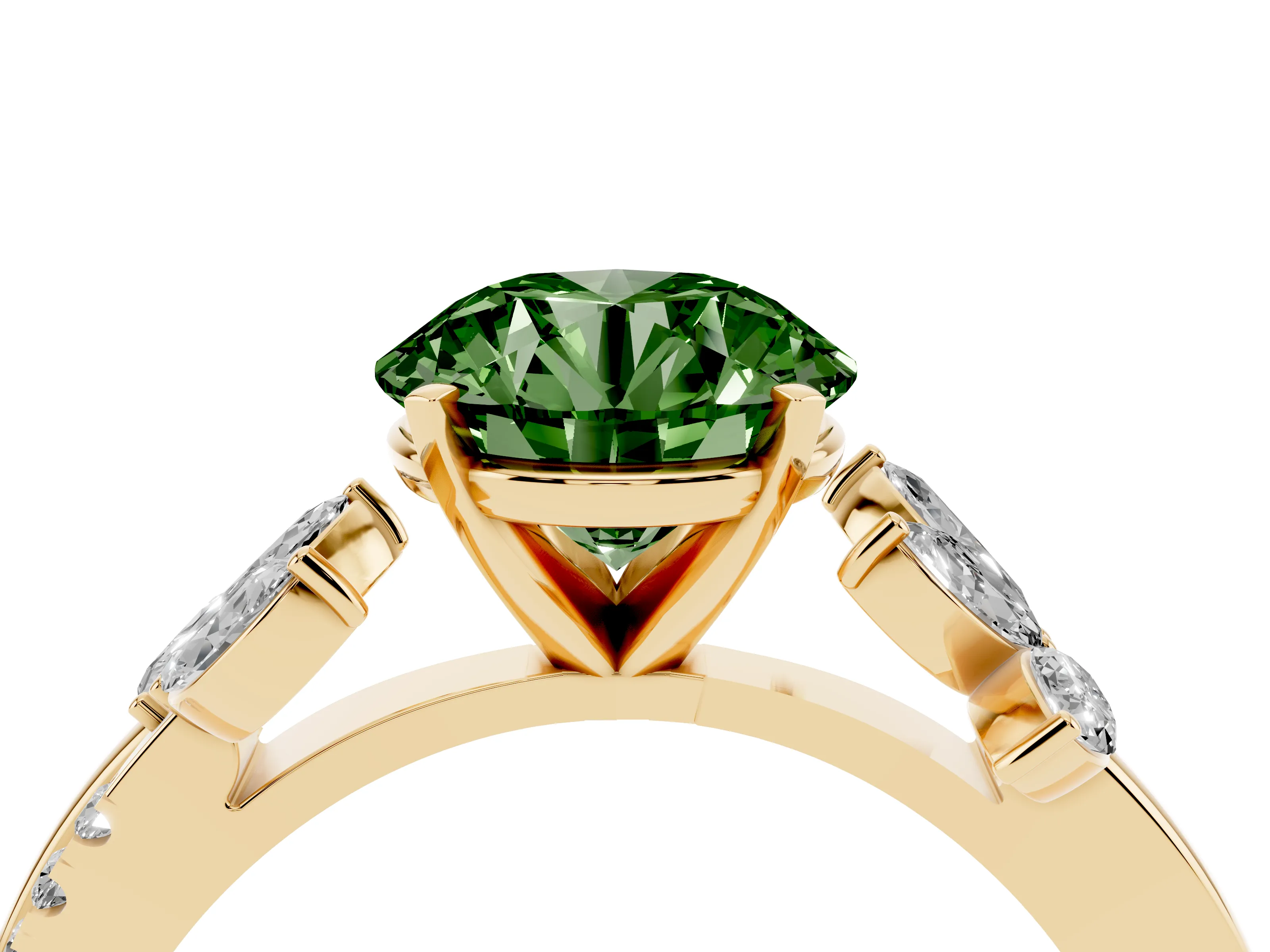 Fancy Green Round Cut Diamond Floral Vine Solitaire Engagement Ring Set in Yellow gold with Marquise Leaves