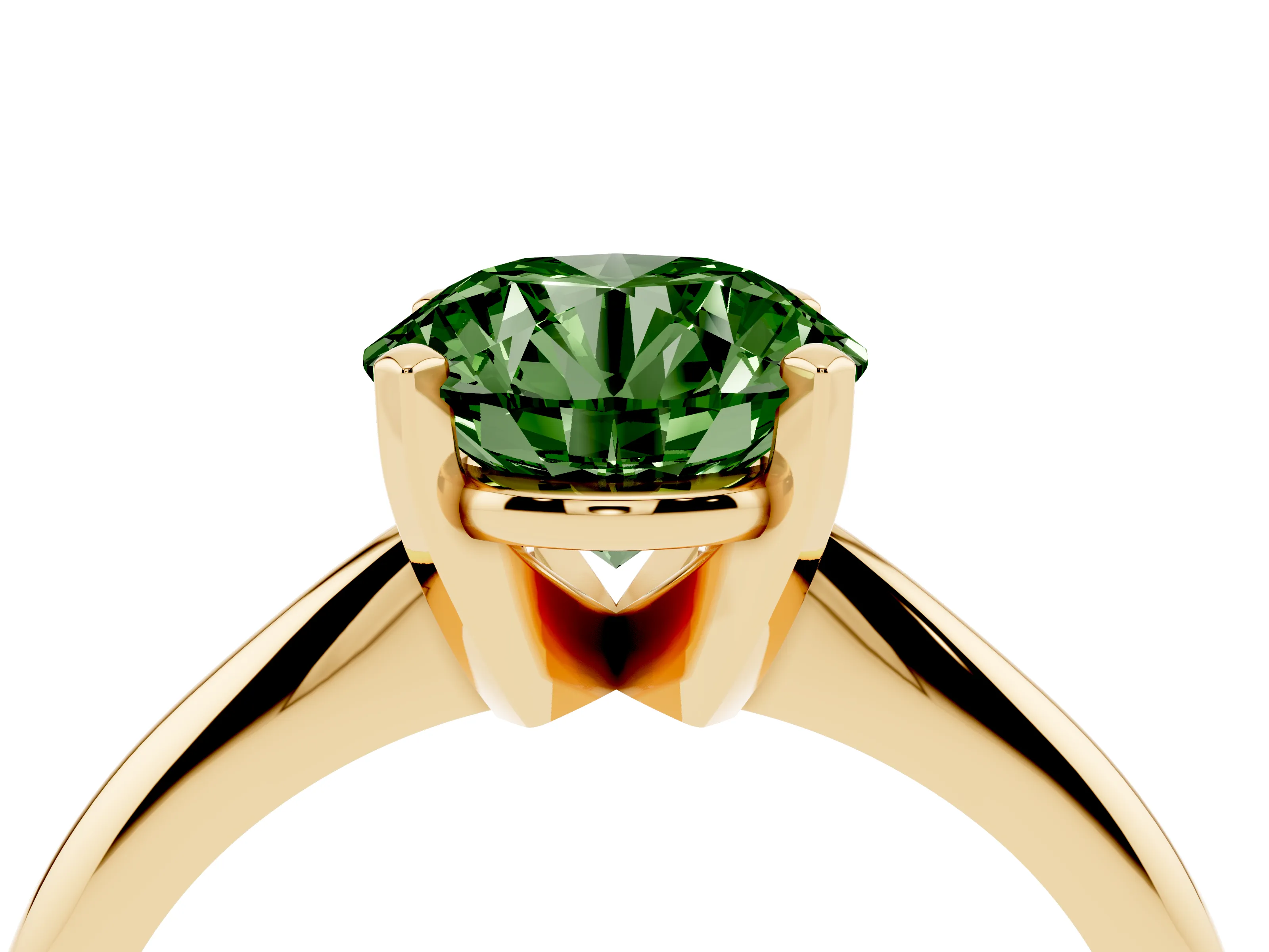 Fancy Green Round Cut Diamond Solitaire Ring Set in Yellow gold with Prong Setting on a Plain Round Band