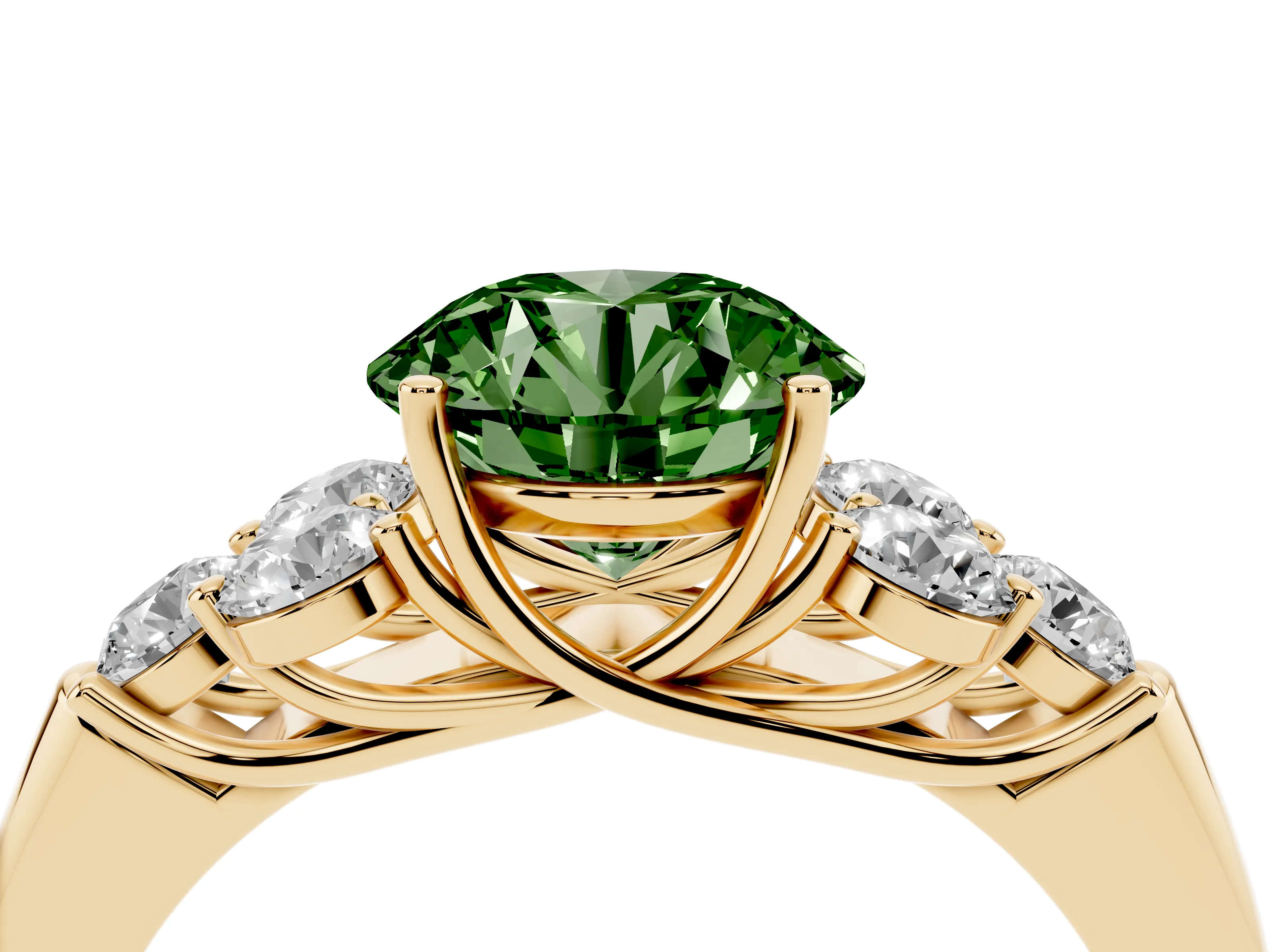 Fancy Green Round Cut Diamond Cluster Ring Set in Yellow gold with Round Accent Stones and Prong Setting on a Plain Band
