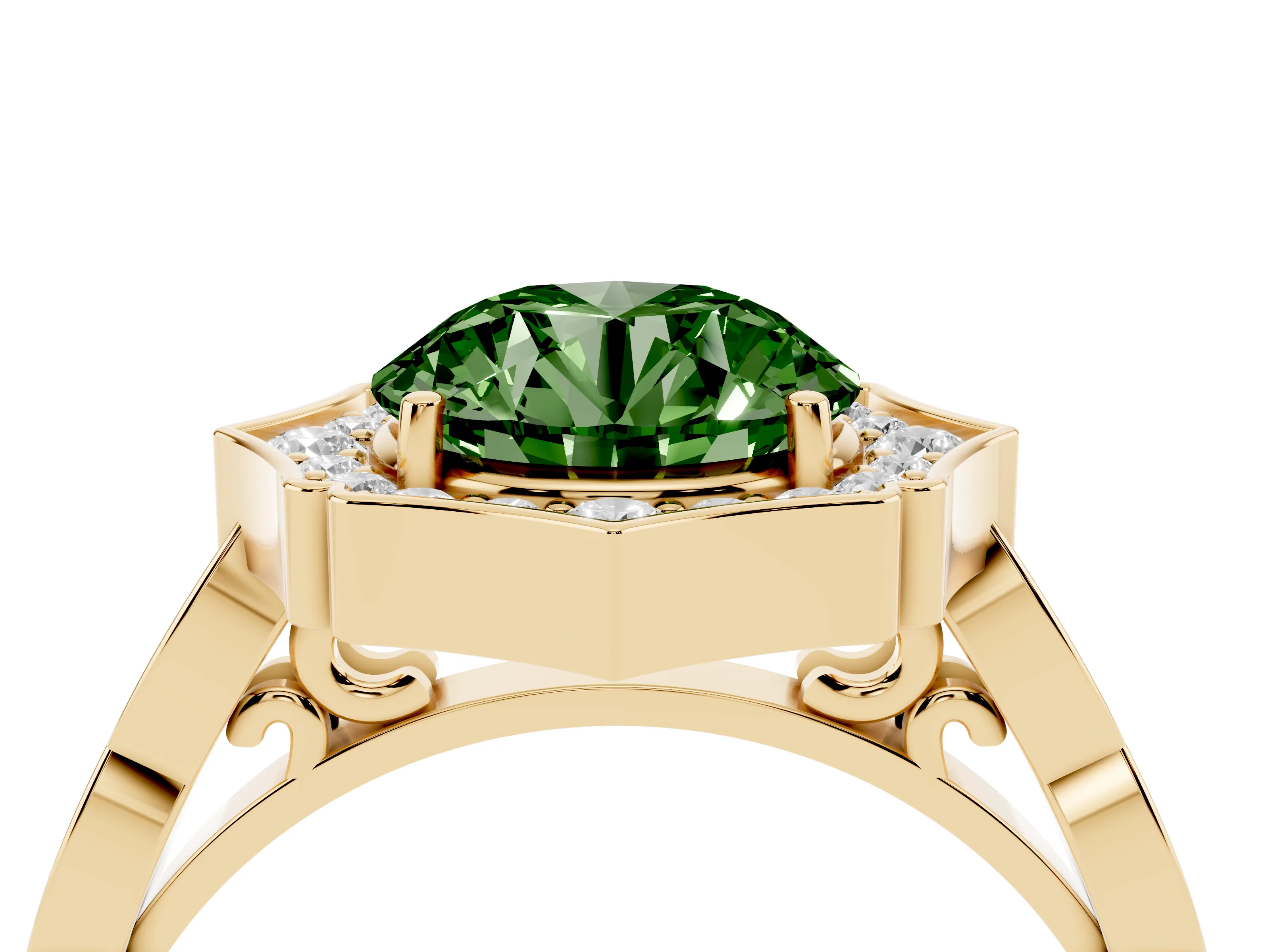 Fancy Green Round Cut Diamond Halo Engagement Ring Set in Yellow gold with Milgrain Band and Prong Setting