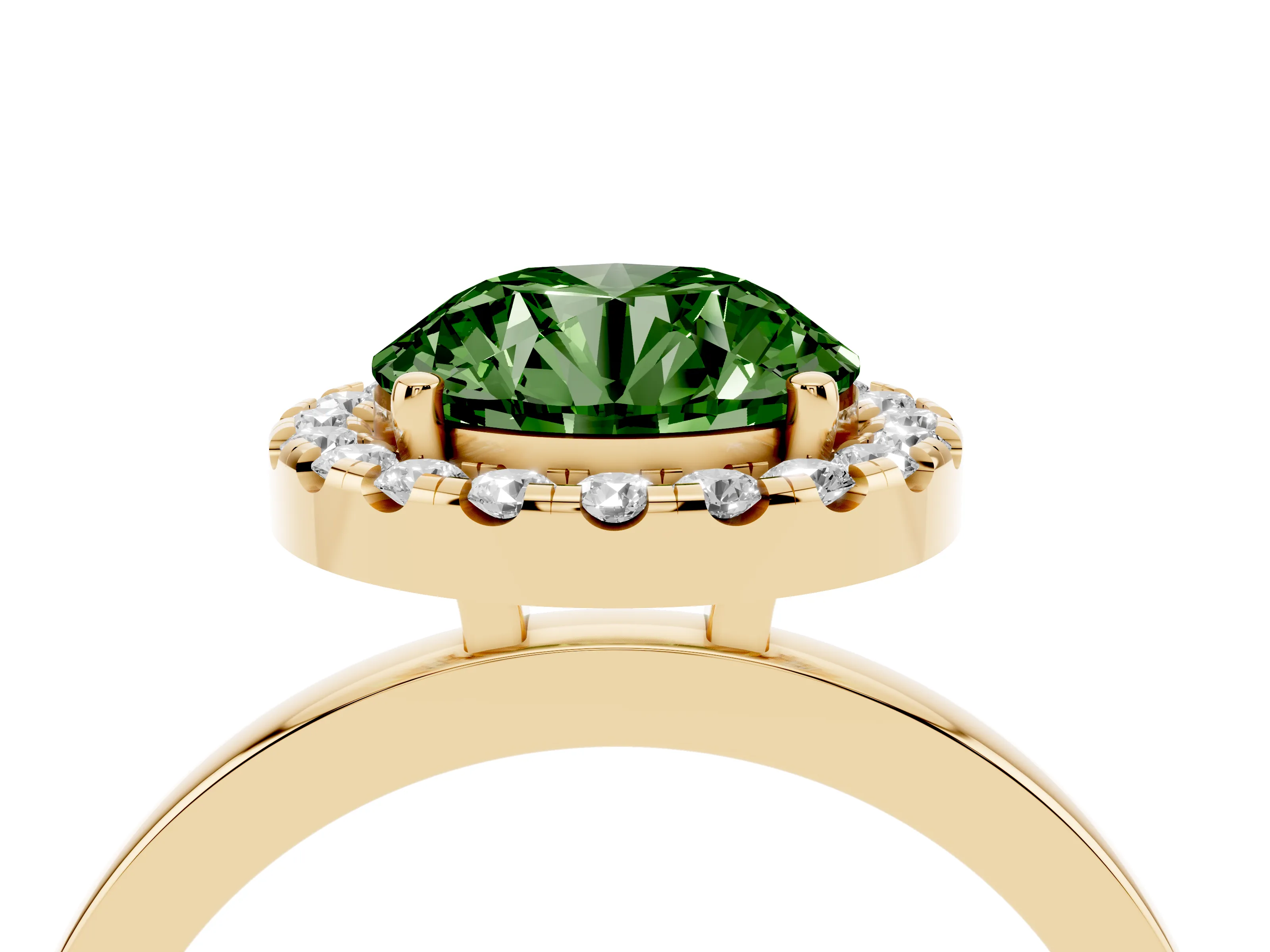 Fancy Green Round Cut Diamond Halo Solitaire Ring Set in Yellow gold with Pavé Band and Prong Setting