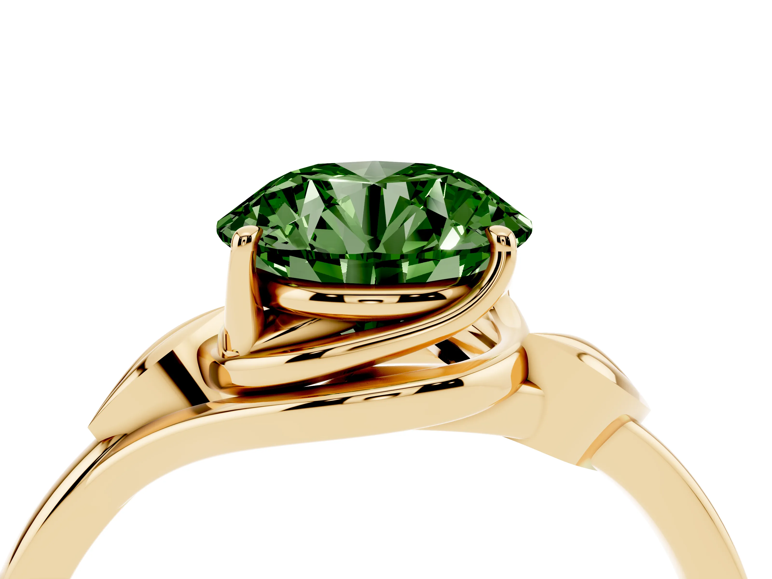 Fancy Green Round Cut Diamond Solitaire Ring Set in Yellow gold with Polished Twist Band