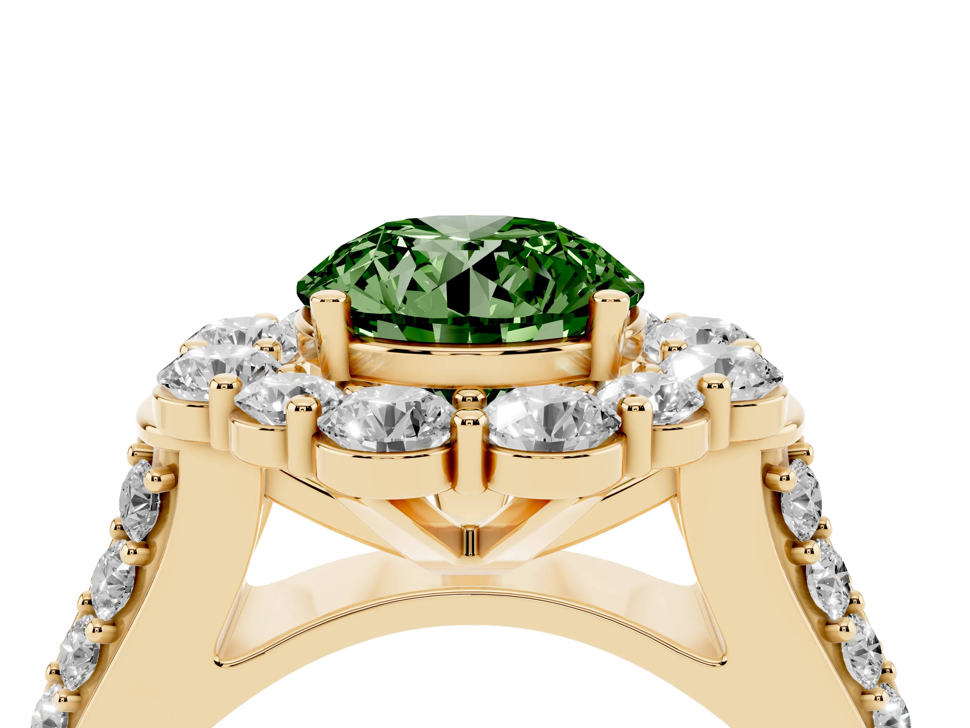 Fancy Green Round Cut Diamond Halo Engagement Ring Set in Yellow gold with Split Shank and Prong Setting