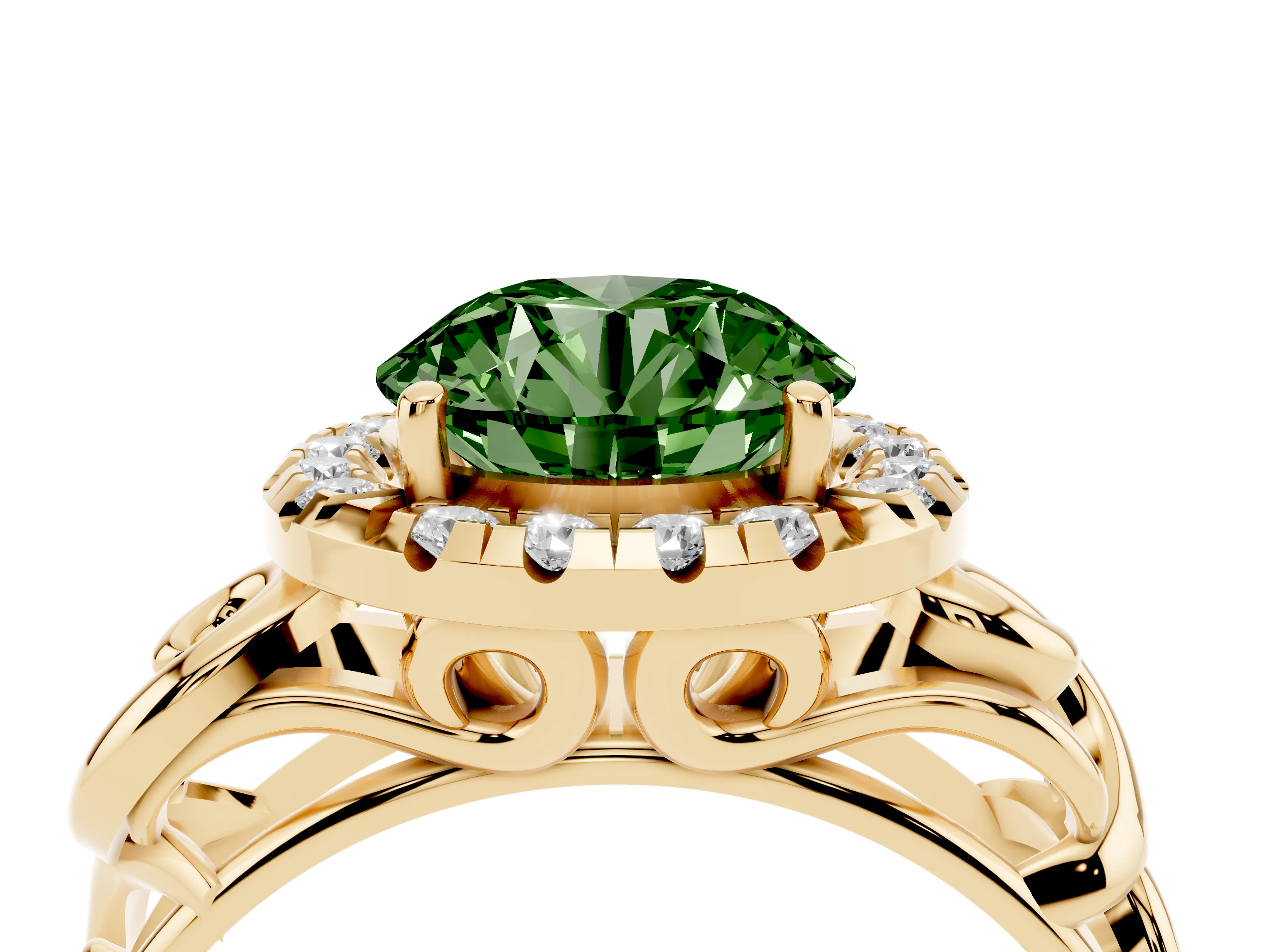 Fancy Green Round Cut Diamond Halo Ring Set in Yellow gold with Scrollwork Band and Prong Setting