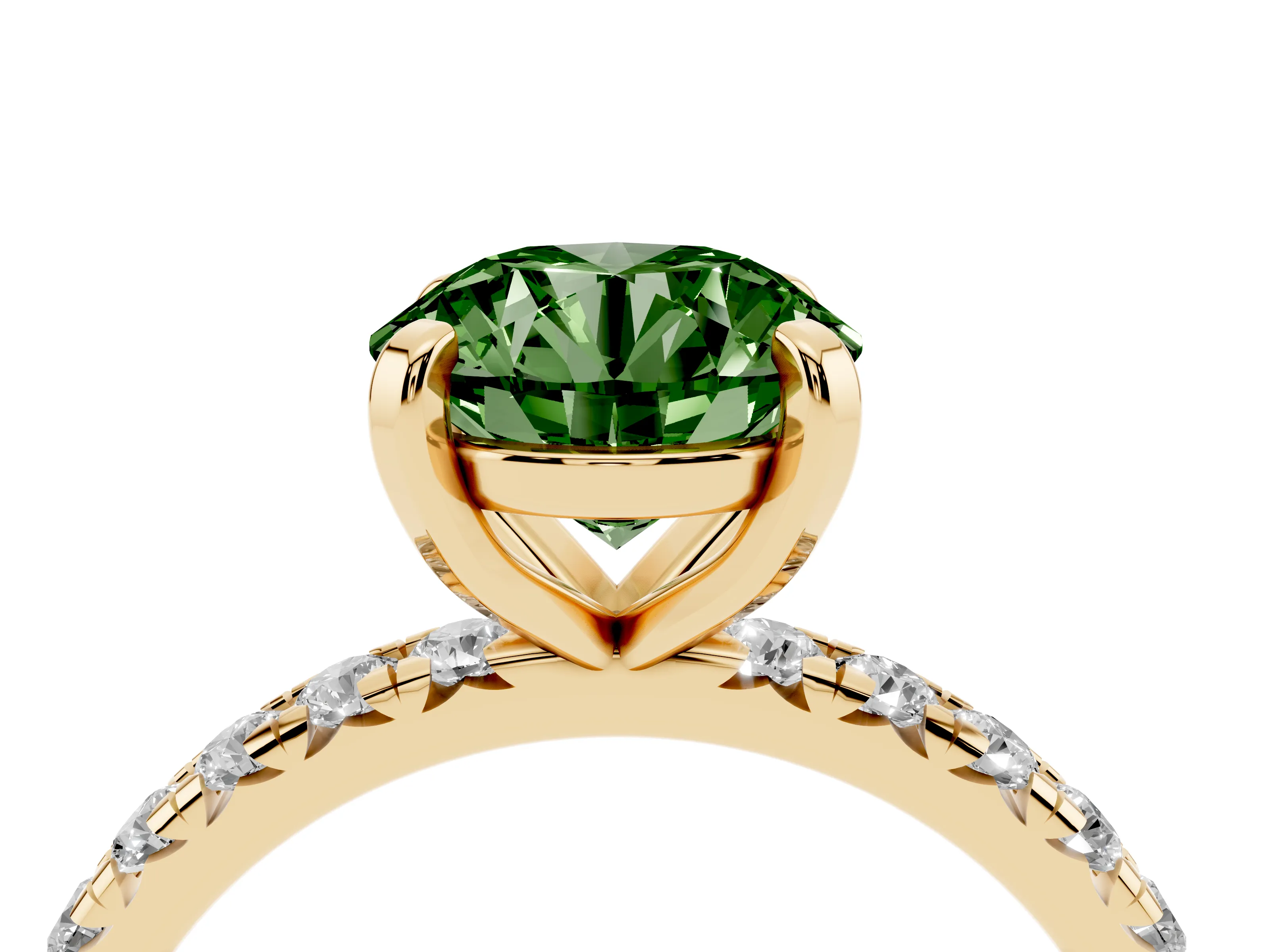 Fancy Green Round Cut Diamond Pavé Solitaire Ring Set in Yellow gold with Round Band and Prong Setting