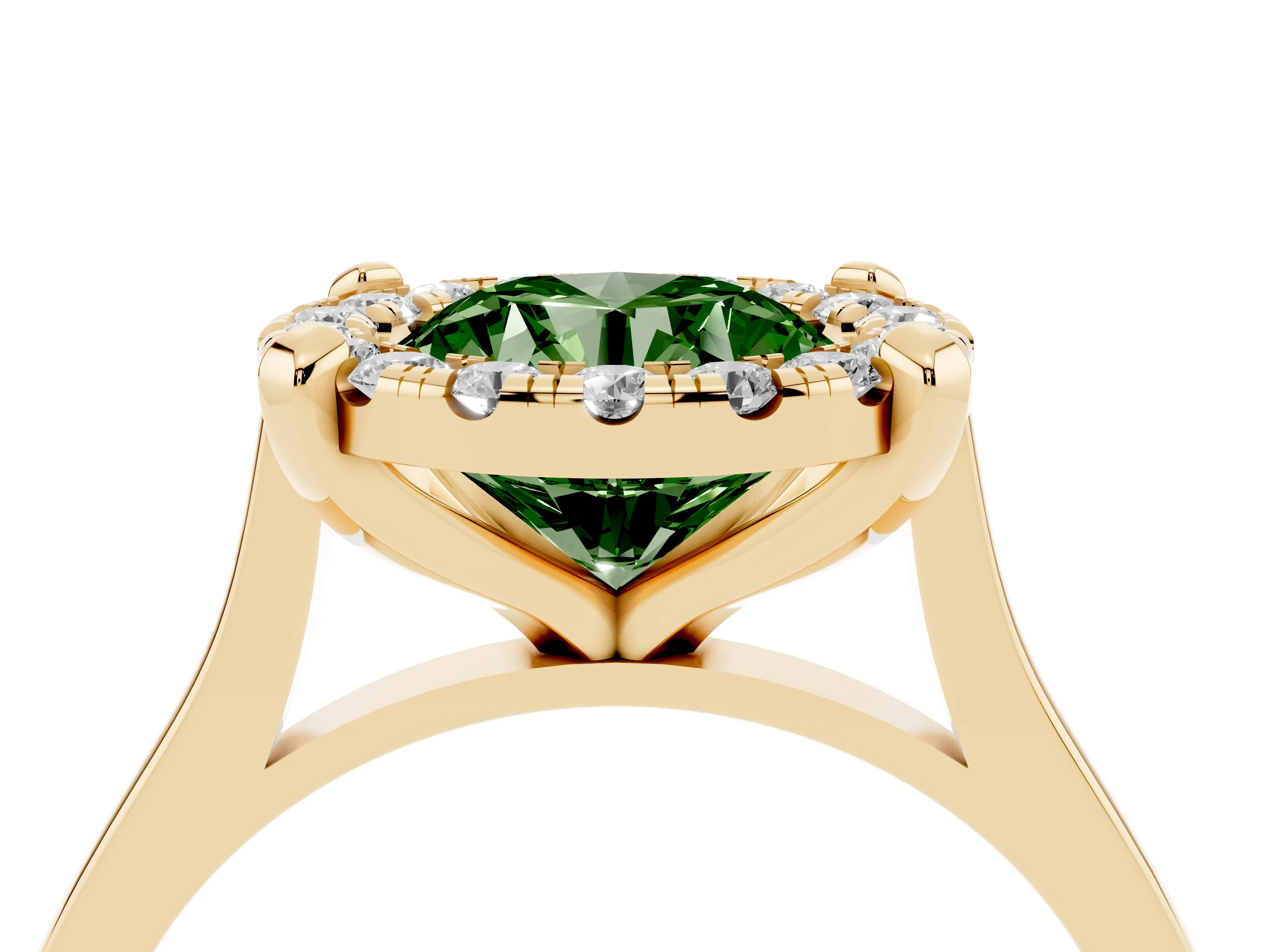 Fancy Green Round Cut Diamond Cluster Halo Solitaire Ring Set in Yellow gold with Prong Setting