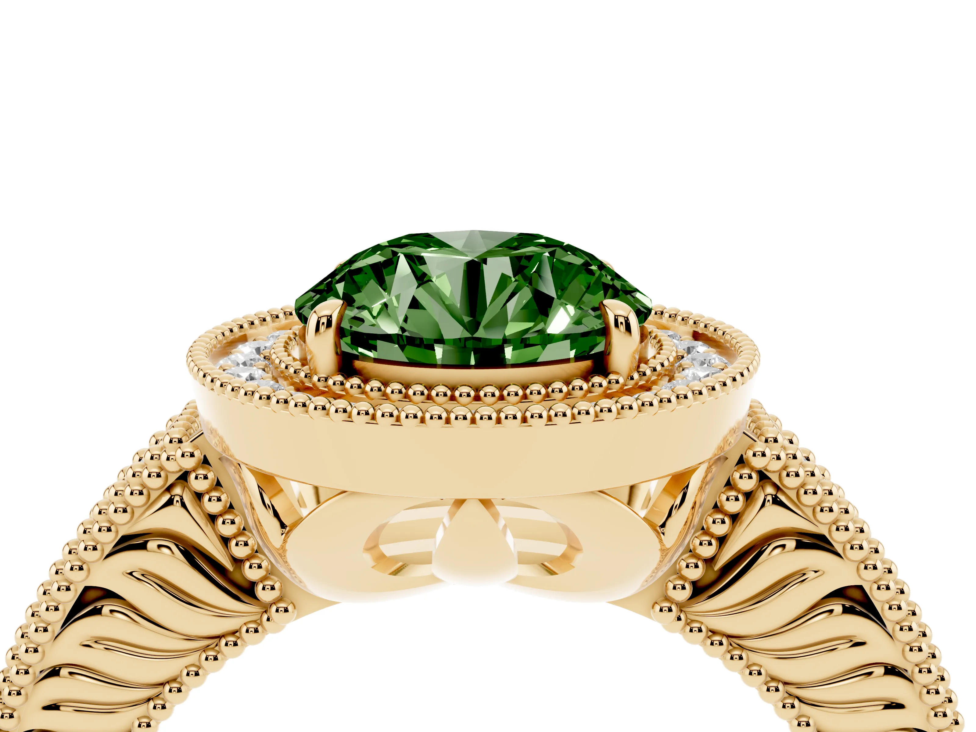 Fancy Green Round Cut Diamond Halo Ring Set in Yellow gold with Round Accent Halo, Pavé Band and Prong Setting